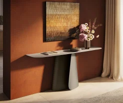 KonsolentischEdge Boot 180x40 cm Keramik Laminam® Travertino Bianco Creme-Weiß Livos Metall Effektfinish Titan Sofort versandfertig