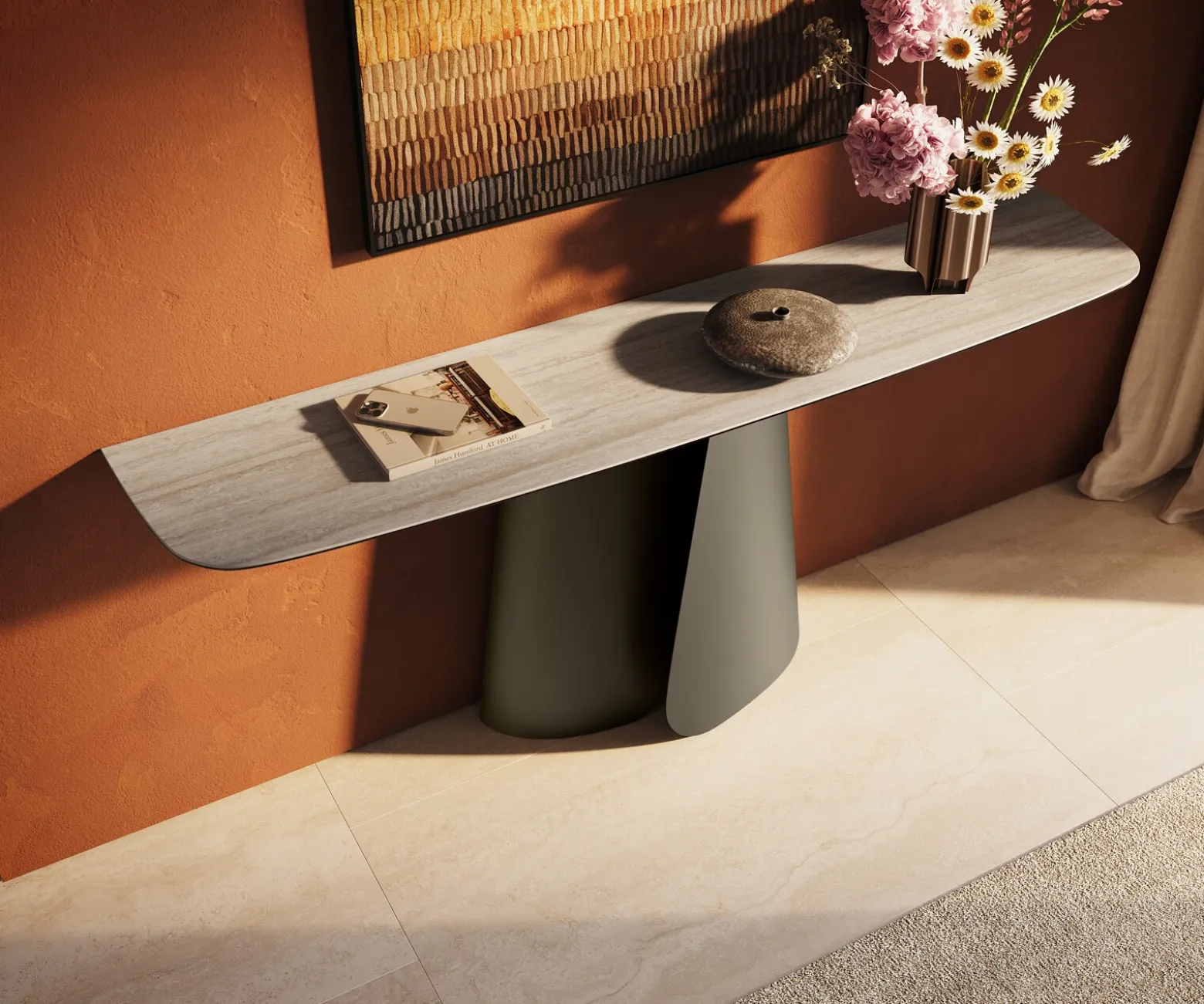KonsolentischEdge Boot 180x40 cm Keramik Laminam® Travertino Bianco Creme-Weiß Livos Metall Effektfinish Titan Sofort versandfertig
