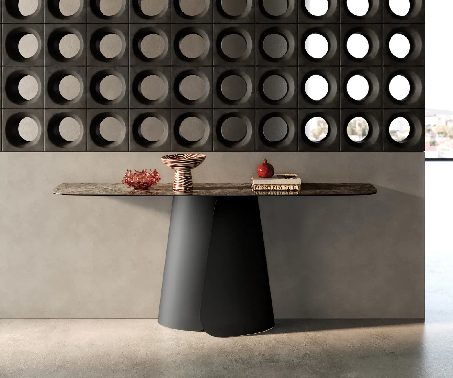 KonsolentischEdge Boot 180x40 cm Keramik Emperador Extra Lucidato Dunkelbraun Livos Metall Schwarz Sofort versandfertig