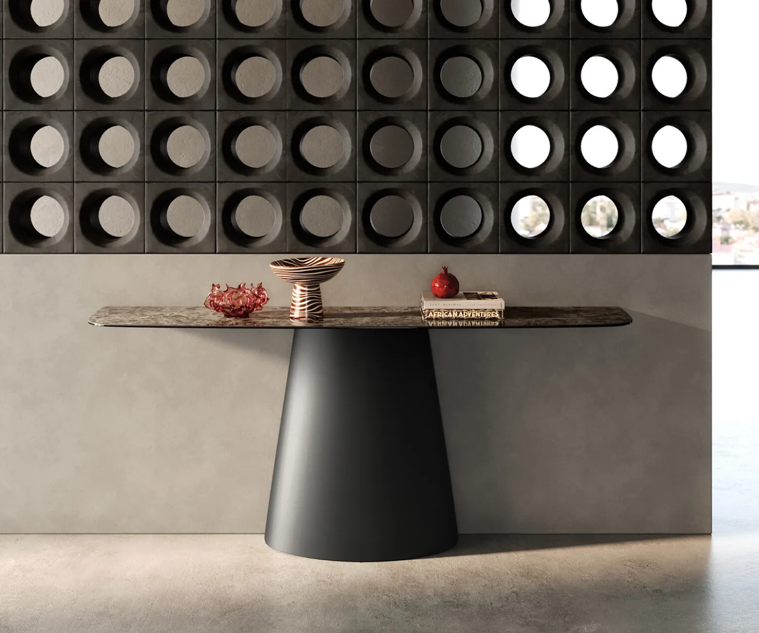 KonsolentischEdge Boot 180x40 cm Keramik Emperador Extra Lucidato Dunkelbraun Conos Metall Schwarz Sofort versandfertig