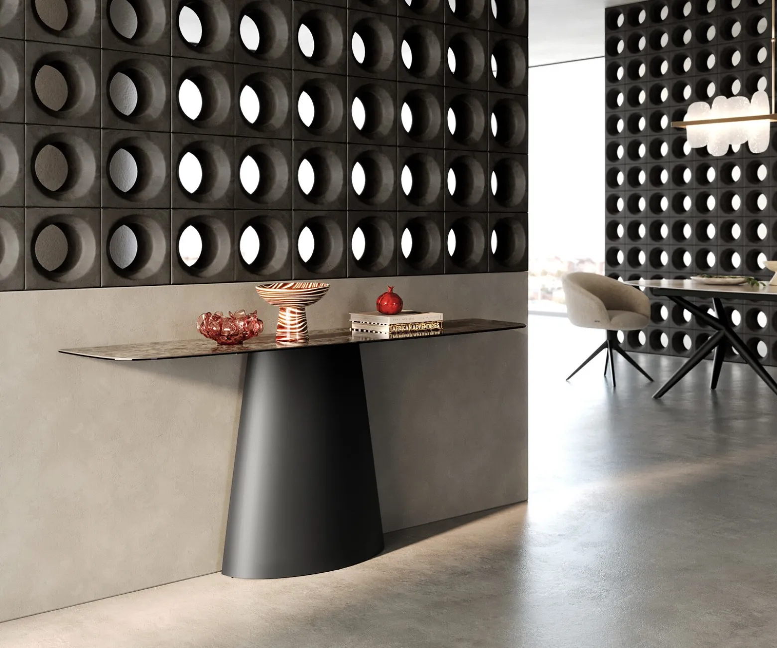 KonsolentischEdge Boot 180x40 cm Keramik Emperador Extra Lucidato Dunkelbraun Conos Metall Schwarz Sofort versandfertig