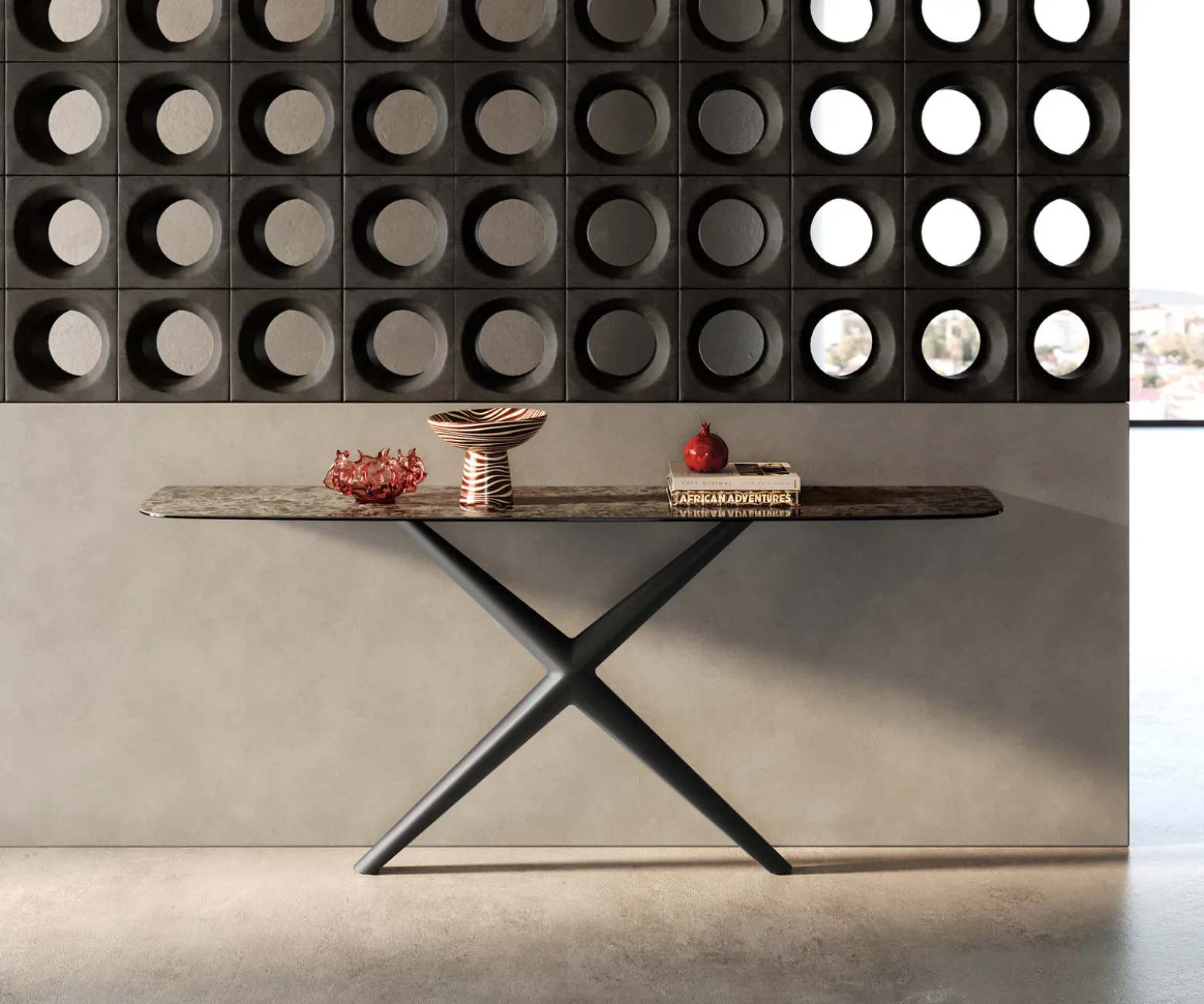KonsolentischEdge Boot 180x40 cm Keramik Emperador Extra Lucidato Dunkelbraun Estelo Metall Schwarz Sofort versandfertig