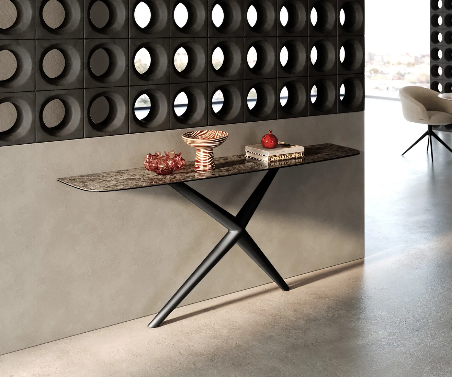 KonsolentischEdge Boot 180x40 cm Keramik Emperador Extra Lucidato Dunkelbraun Estelo Metall Schwarz Sofort versandfertig