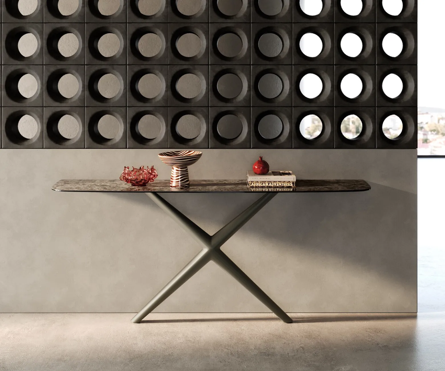 KonsolentischEdge Boot 180x40 cm Keramik Emperador Extra Lucidato Dunkelbraun Estelo Metall Effektfinish Titan Sofort versandfertig