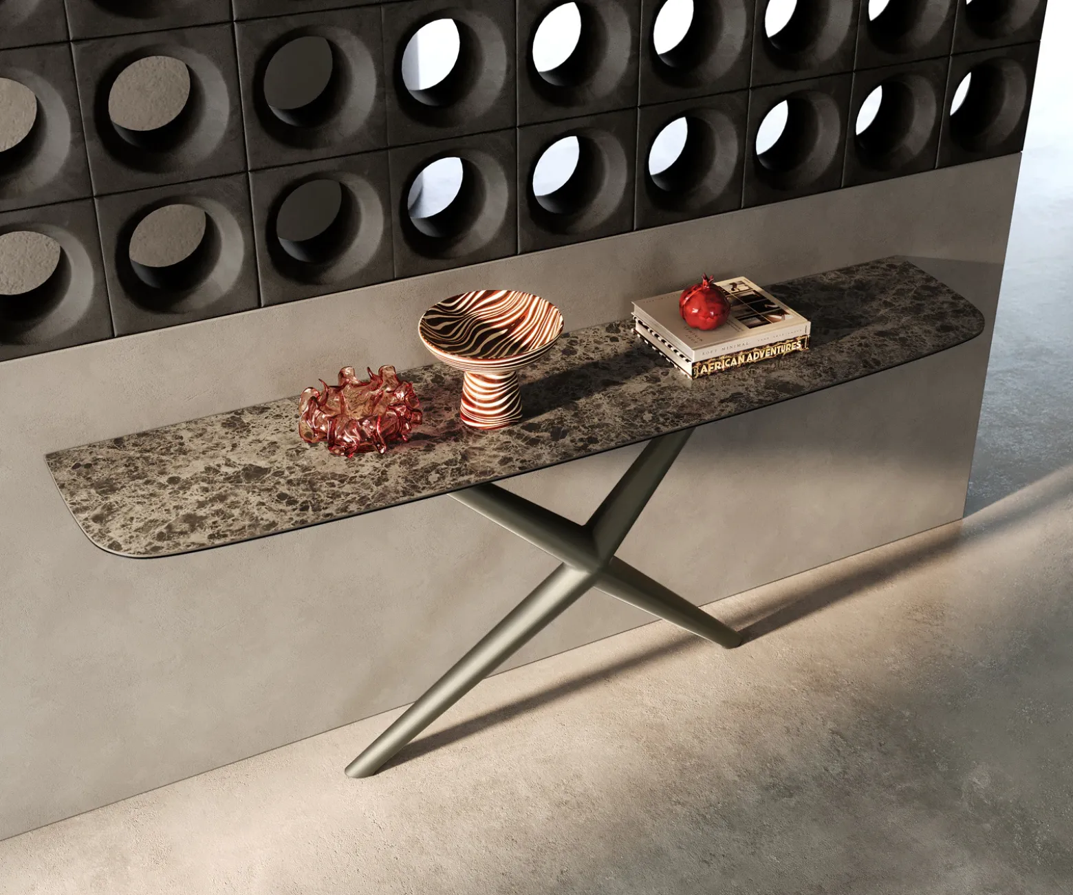 KonsolentischEdge Boot 180x40 cm Keramik Emperador Extra Lucidato Dunkelbraun Estelo Metall Effektfinish Titan Sofort versandfertig