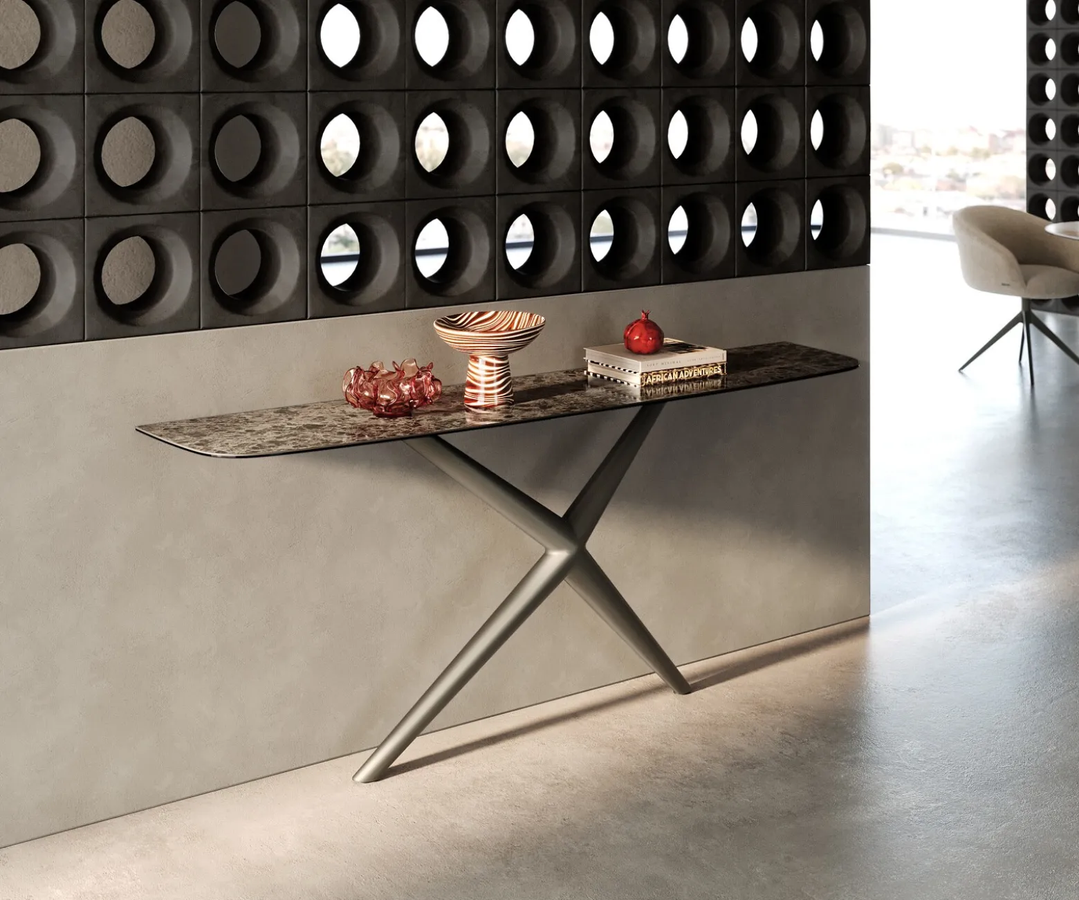 KonsolentischEdge Boot 180x40 cm Keramik Emperador Extra Lucidato Dunkelbraun Estelo Metall Effektfinish Titan Sofort versandfertig