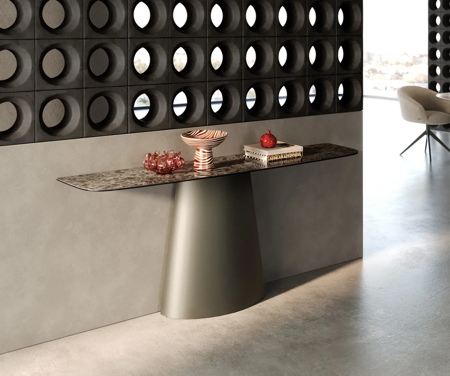 KonsolentischEdge Boot 180x40 cm Keramik Emperador Extra Lucidato Dunkelbraun Conos Metall Effektfinish Titan Sofort versandfertig