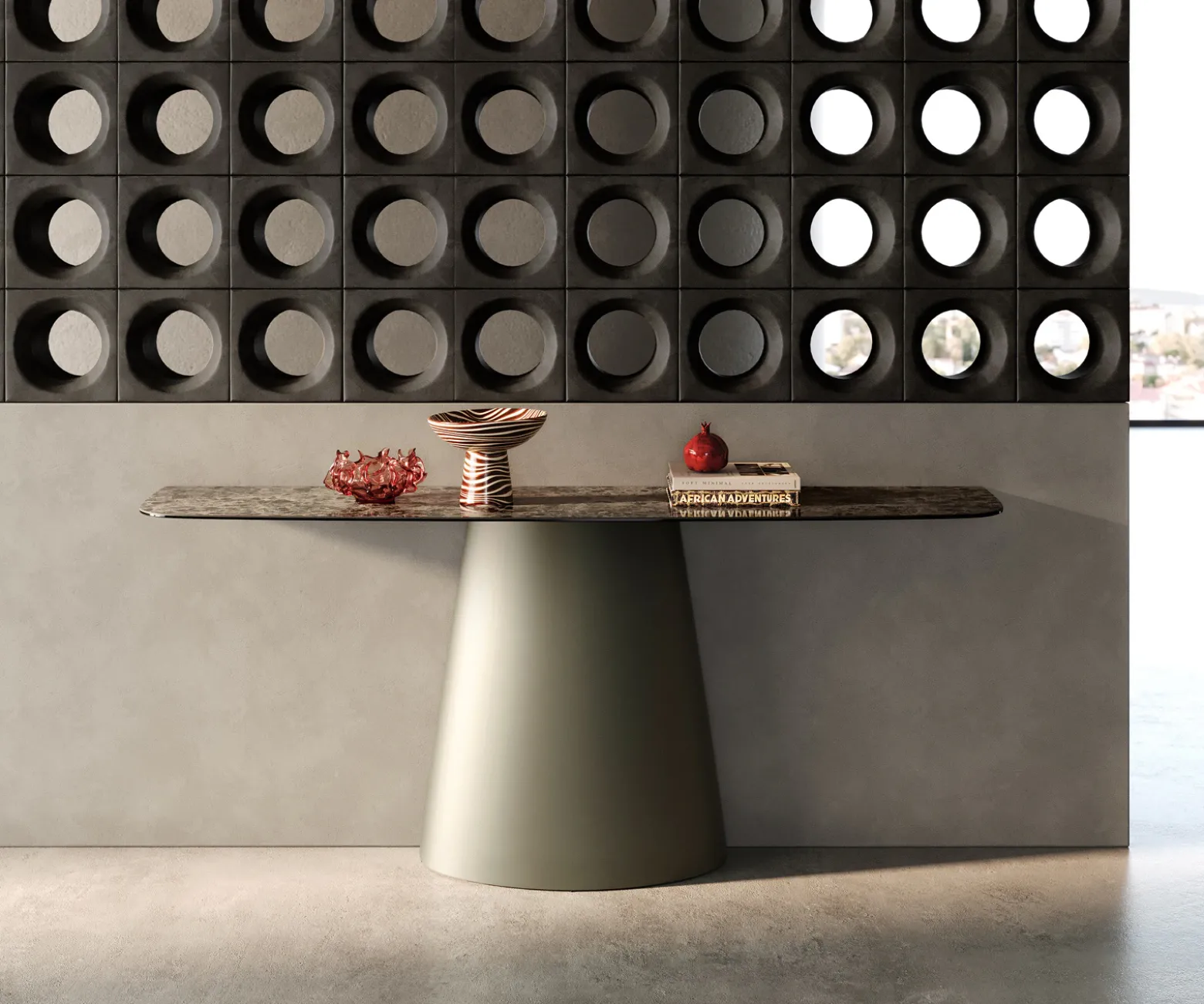 KonsolentischEdge Boot 180x40 cm Keramik Emperador Extra Lucidato Dunkelbraun Conos Metall Effektfinish Titan Sofort versandfertig