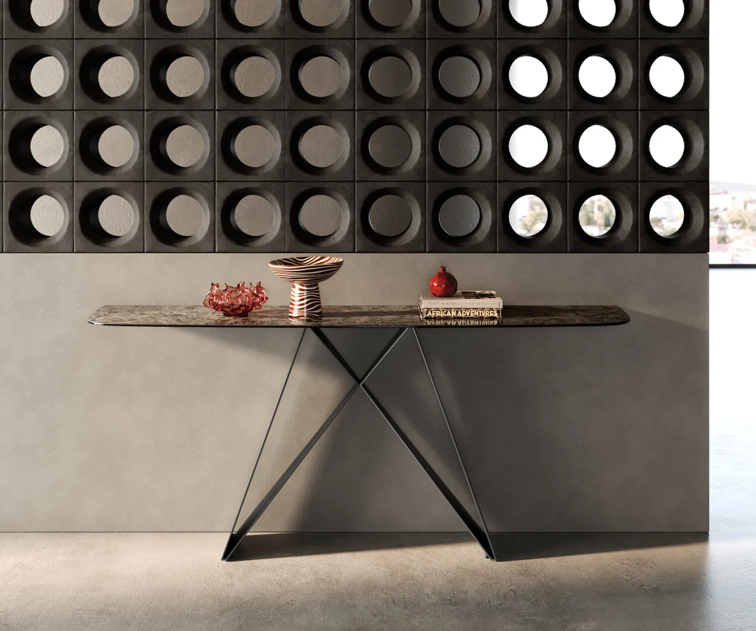 KonsolentischEdge Boot 180x40 cm Keramik Emperador Extra Lucidato Dunkelbraun Velio Metall Schwarz Sofort versandfertig