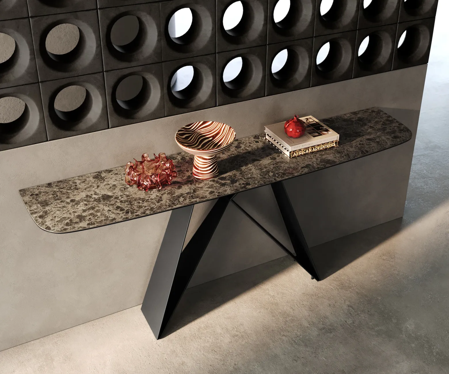 KonsolentischEdge Boot 180x40 cm Keramik Emperador Extra Lucidato Dunkelbraun Velio Metall Schwarz Sofort versandfertig