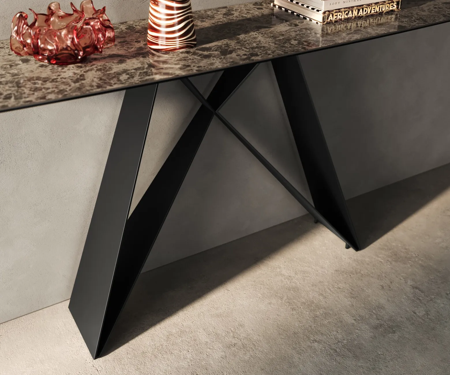 KonsolentischEdge Boot 180x40 cm Keramik Emperador Extra Lucidato Dunkelbraun Velio Metall Schwarz Sofort versandfertig
