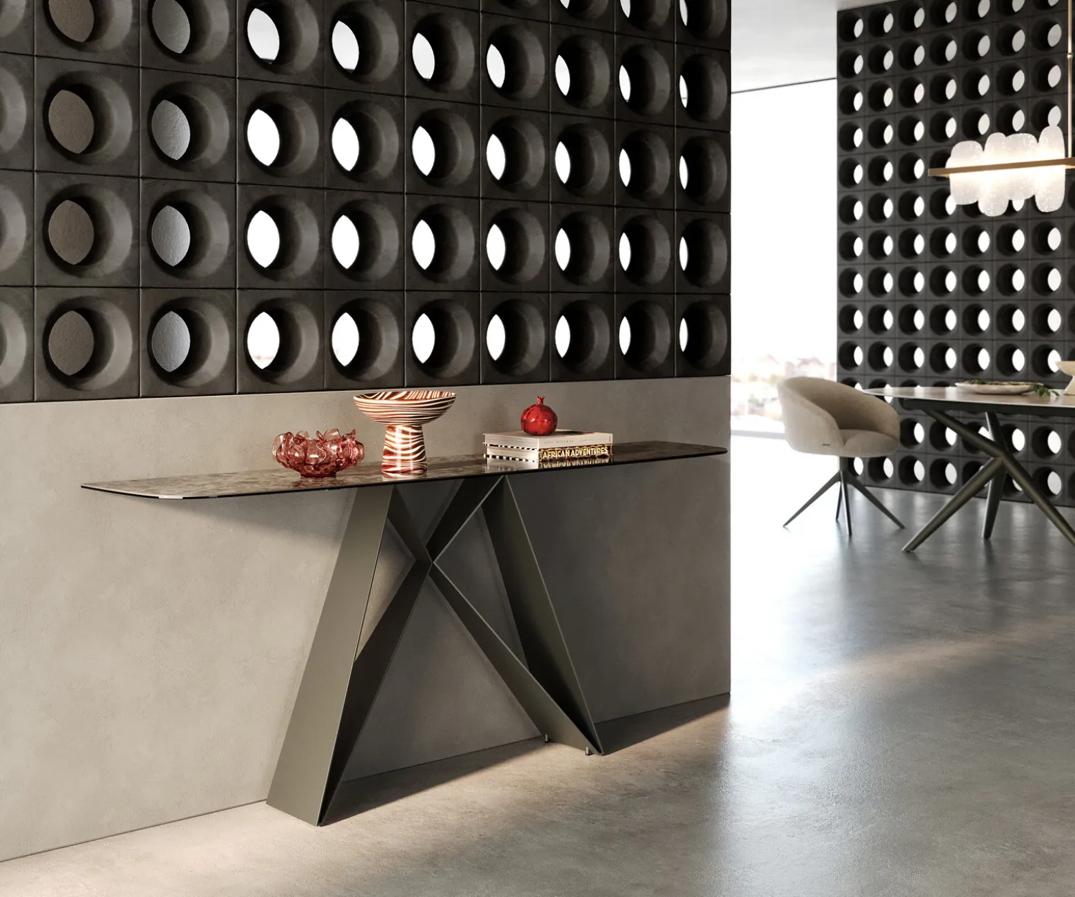 KonsolentischEdge Boot 180x40 cm Keramik Emperador Extra Lucidato Dunkelbraun Velio Metall Effektfinish Titan Sofort versandfertig
