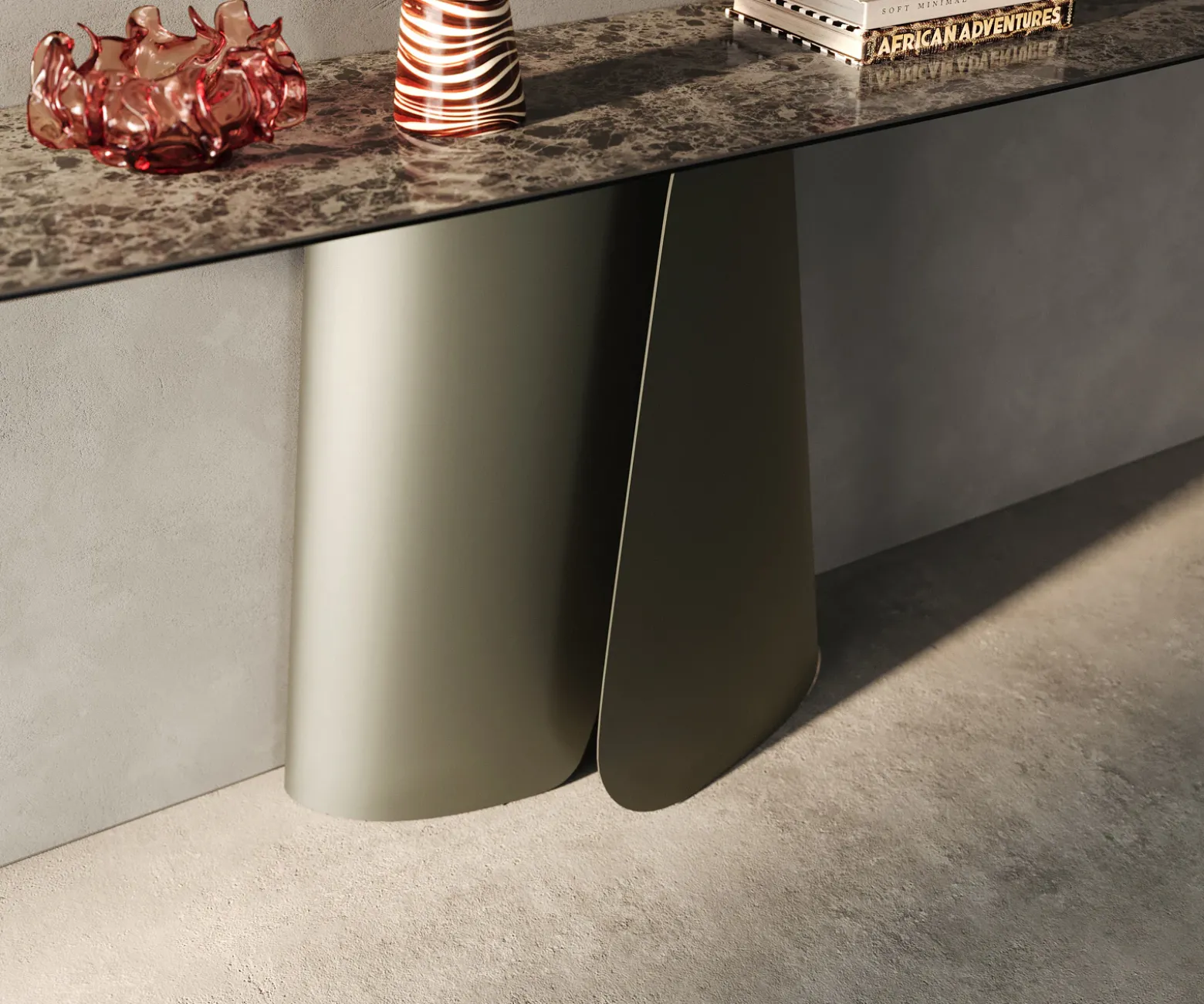 KonsolentischEdge Boot 180x40 cm Keramik Emperador Extra Lucidato Dunkelbraun Livos Metall Effektfinish Titan Sofort versandfertig