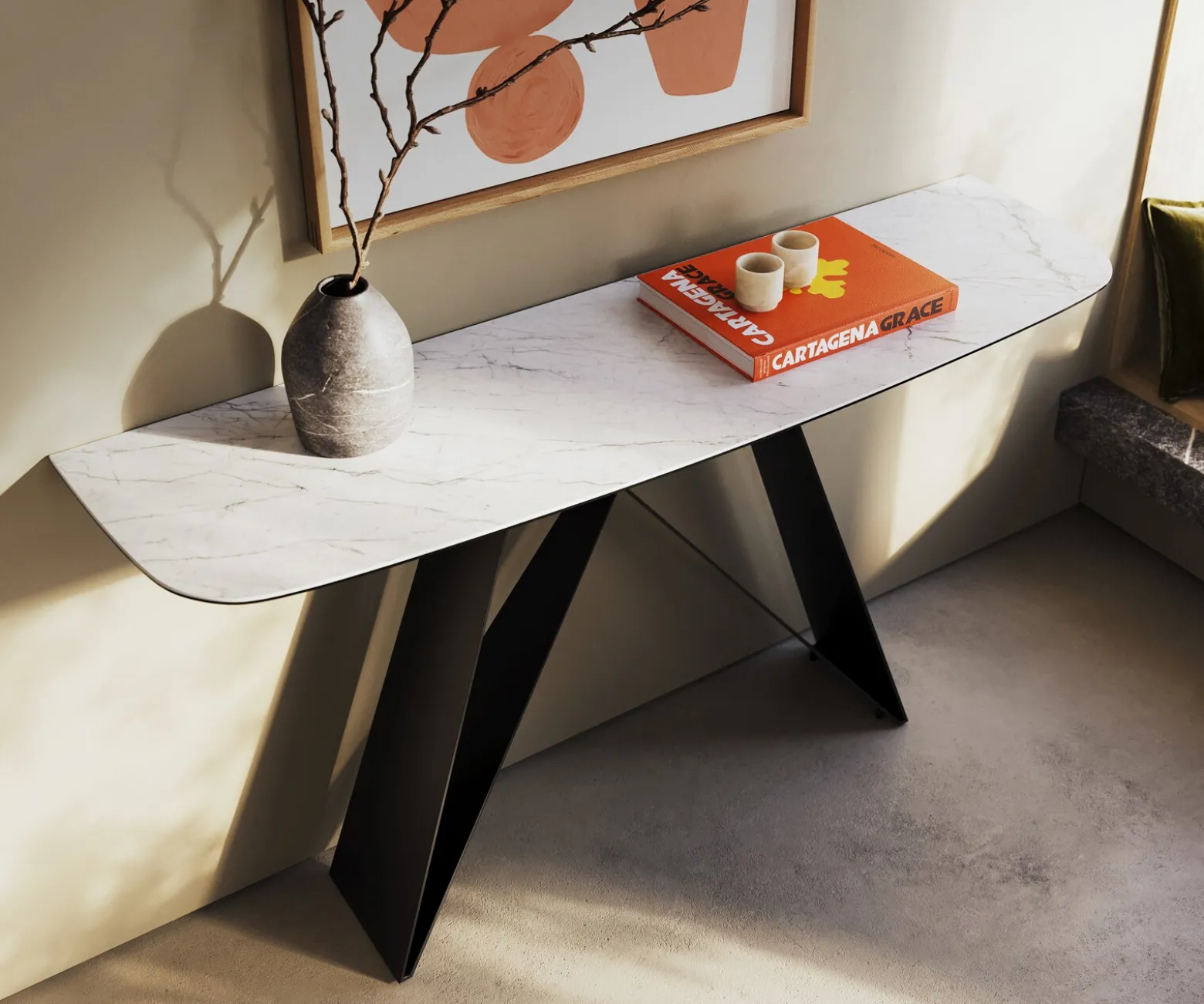 KonsolentischEdge Boot 140x40 cm Keramik Laminam® Statuarietto Weiß Velio Metall Schwarz Versandfertig ca. 06.01.27