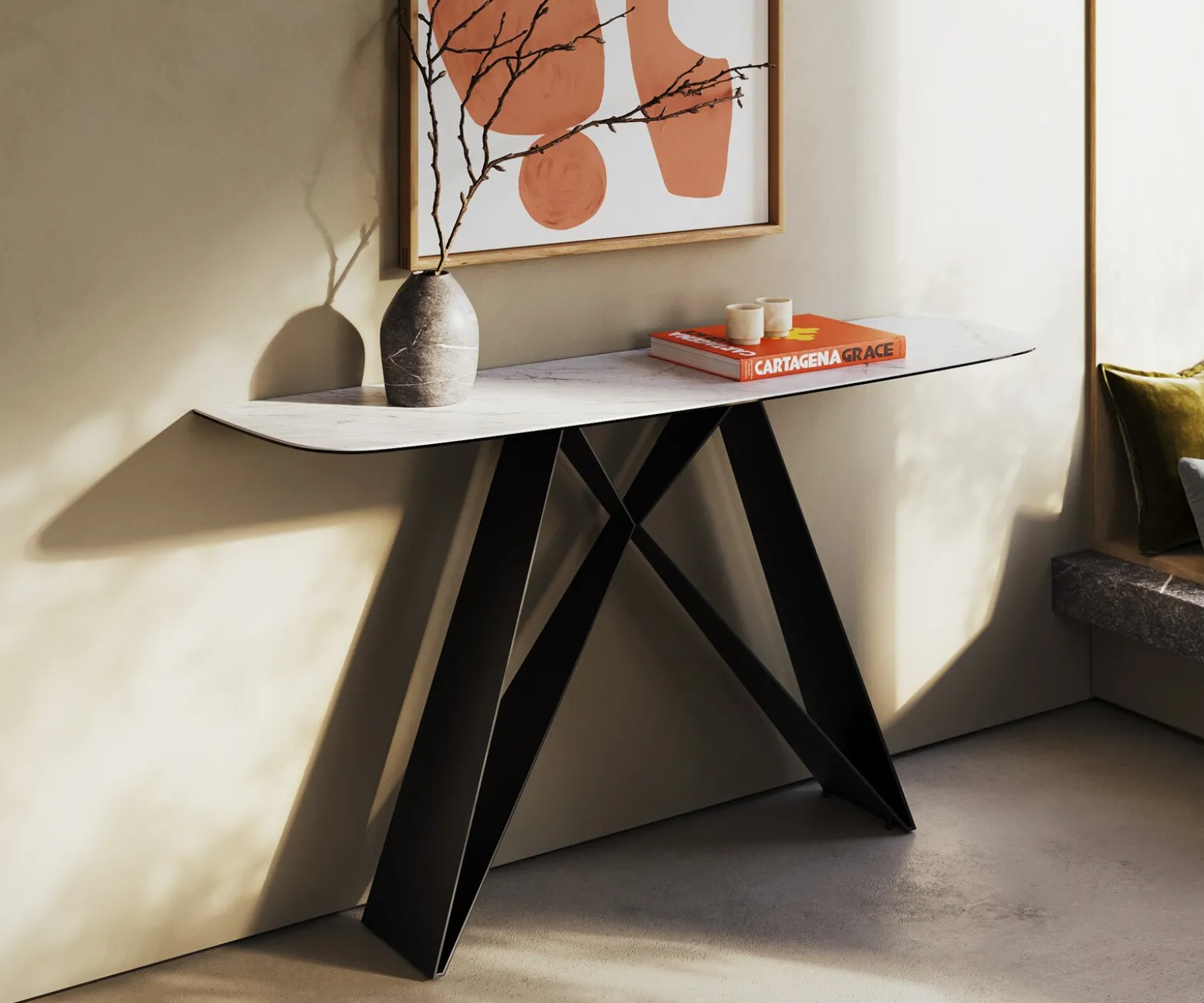 KonsolentischEdge Boot 140x40 cm Keramik Laminam® Statuarietto Weiß Velio Metall Schwarz Versandfertig ca. 06.01.27