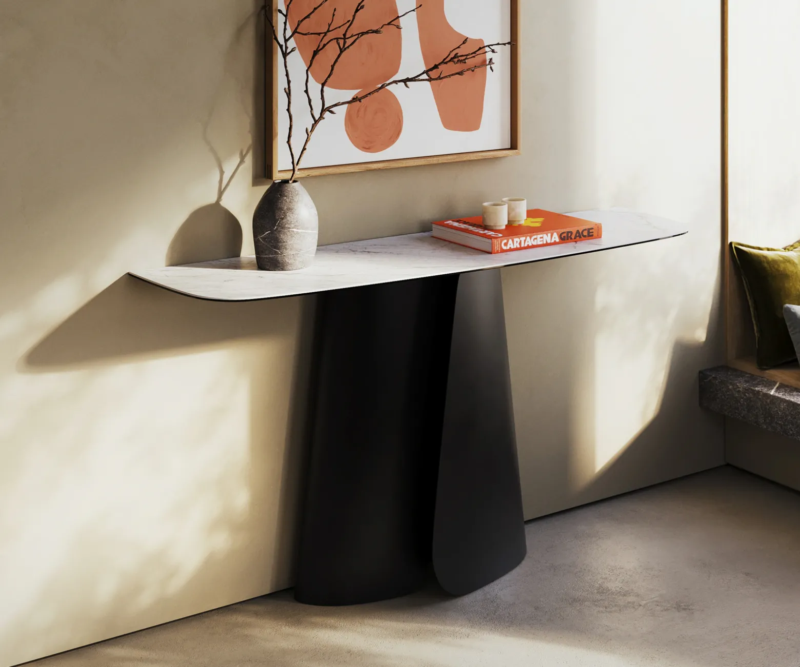 KonsolentischEdge Boot 140x40 cm Keramik Laminam® Statuarietto Weiß Livos Metall Schwarz Versandfertig ca. 06.01.27