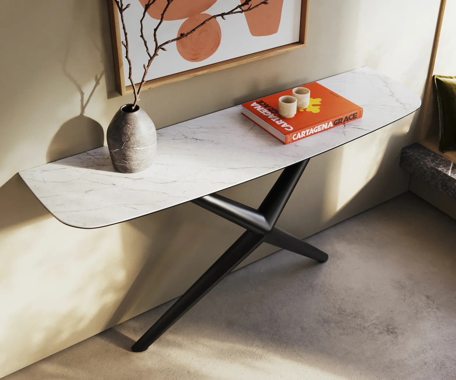 KonsolentischEdge Boot 140x40 cm Keramik Laminam® Statuarietto Weiß Estelo Metall Schwarz Versandfertig ca. 06.01.27