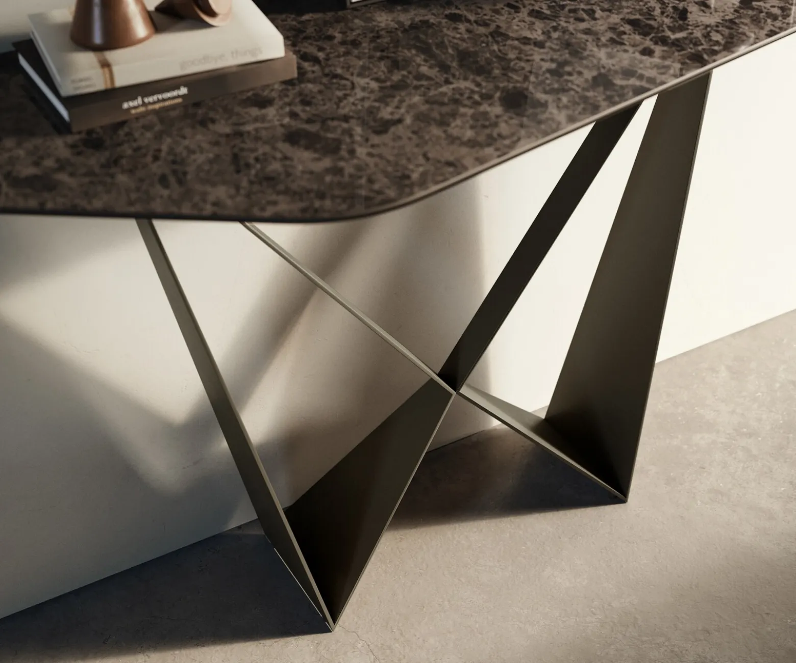 KonsolentischEdge Polygonal 140x50 cm Keramik Emperador Extra Lucidato Dunkelbraun Spios Metall Effektfinish Titan Sofort versandfertig