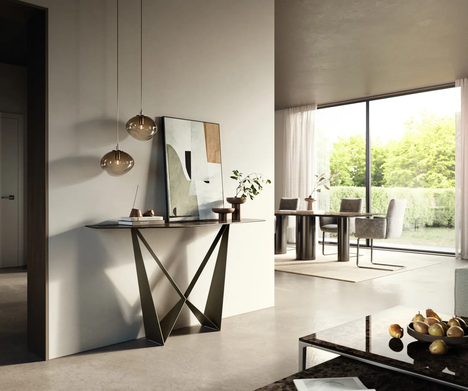 KonsolentischEdge Polygonal 140x50 cm Keramik Emperador Extra Lucidato Dunkelbraun Spios Metall Effektfinish Titan Sofort versandfertig