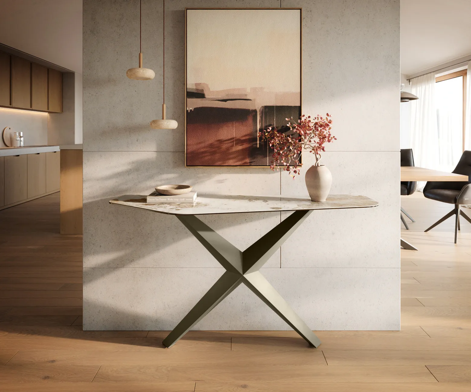 KonsolentischEdge Polygonal 140x50 cm Keramik Minas Melange Weiß-Beige Zentharo Metall Effektfinish Titan Sofort versandfertig