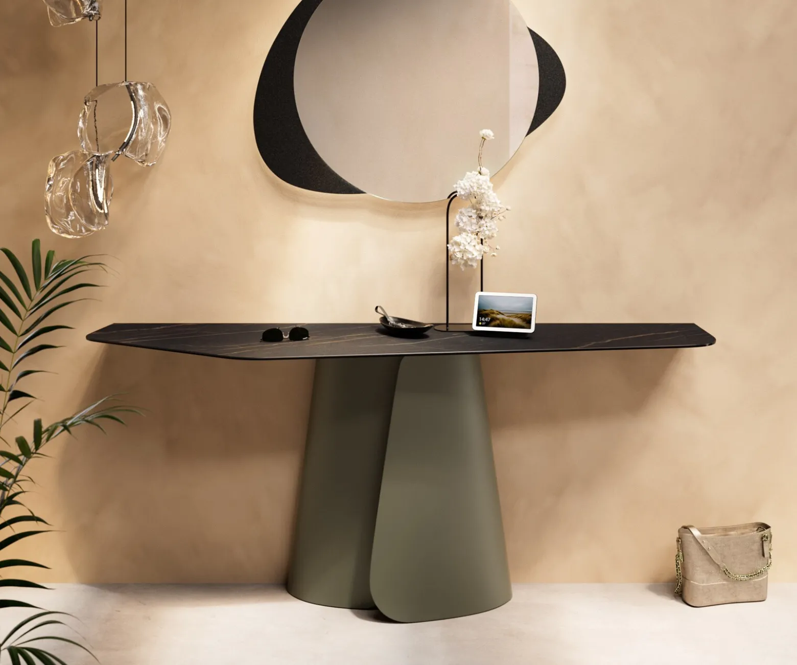 KonsolentischEdge Polygonal 180x50 cm Keramik Laminam® Noir Desir Braun Livos Metall Effektfinish Titan Sofort versandfertig