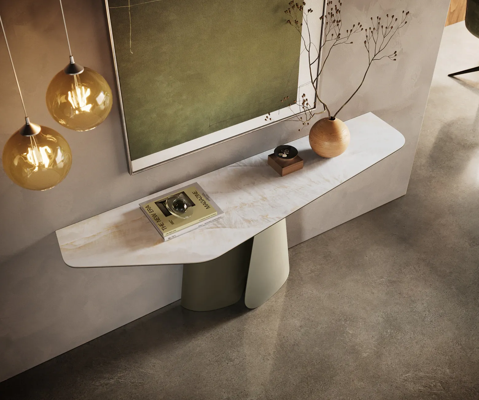 KonsolentischEdge Polygonal 180x50 cm Keramik Onyx Pearl Livos Metall Effektfinish Titan Sofort versandfertig