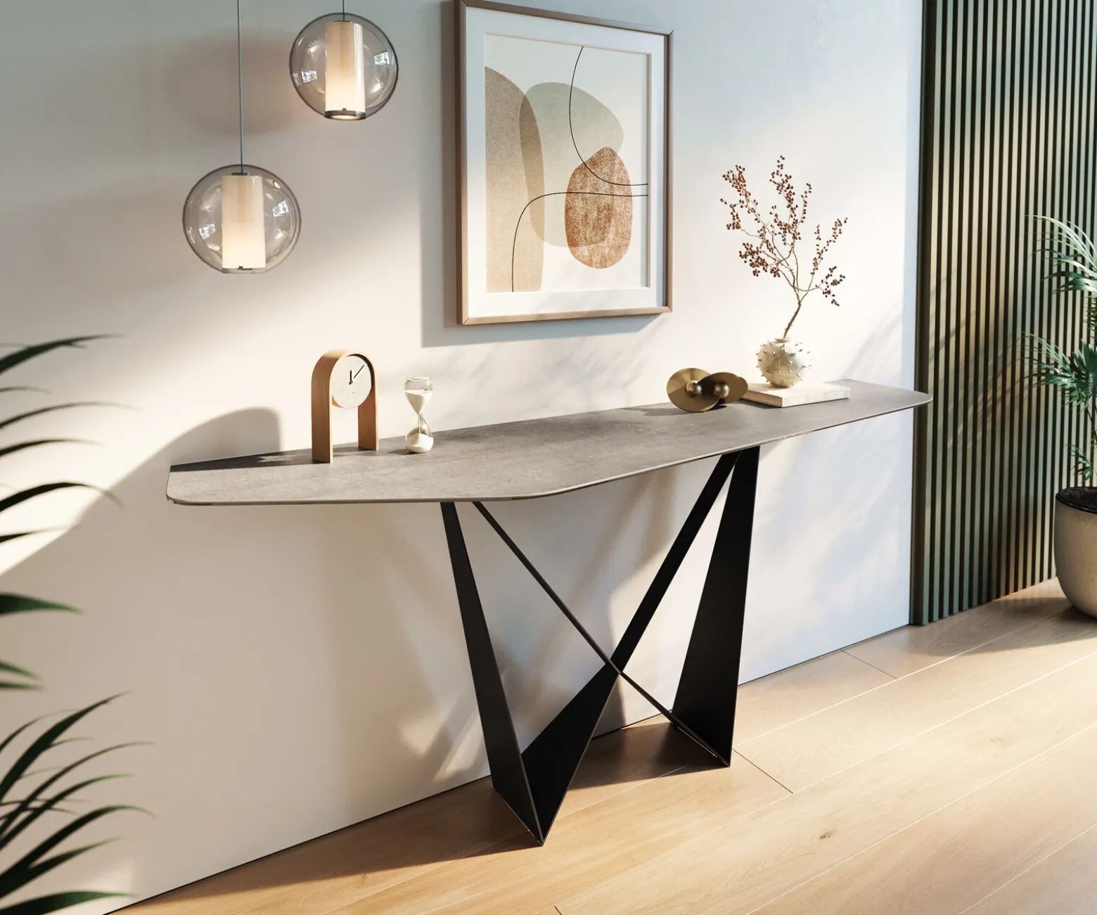 KonsolentischEdge Polygonal 180x50 cm Keramik Beton Grau Spios Metall Schwarz Sofort versandfertig