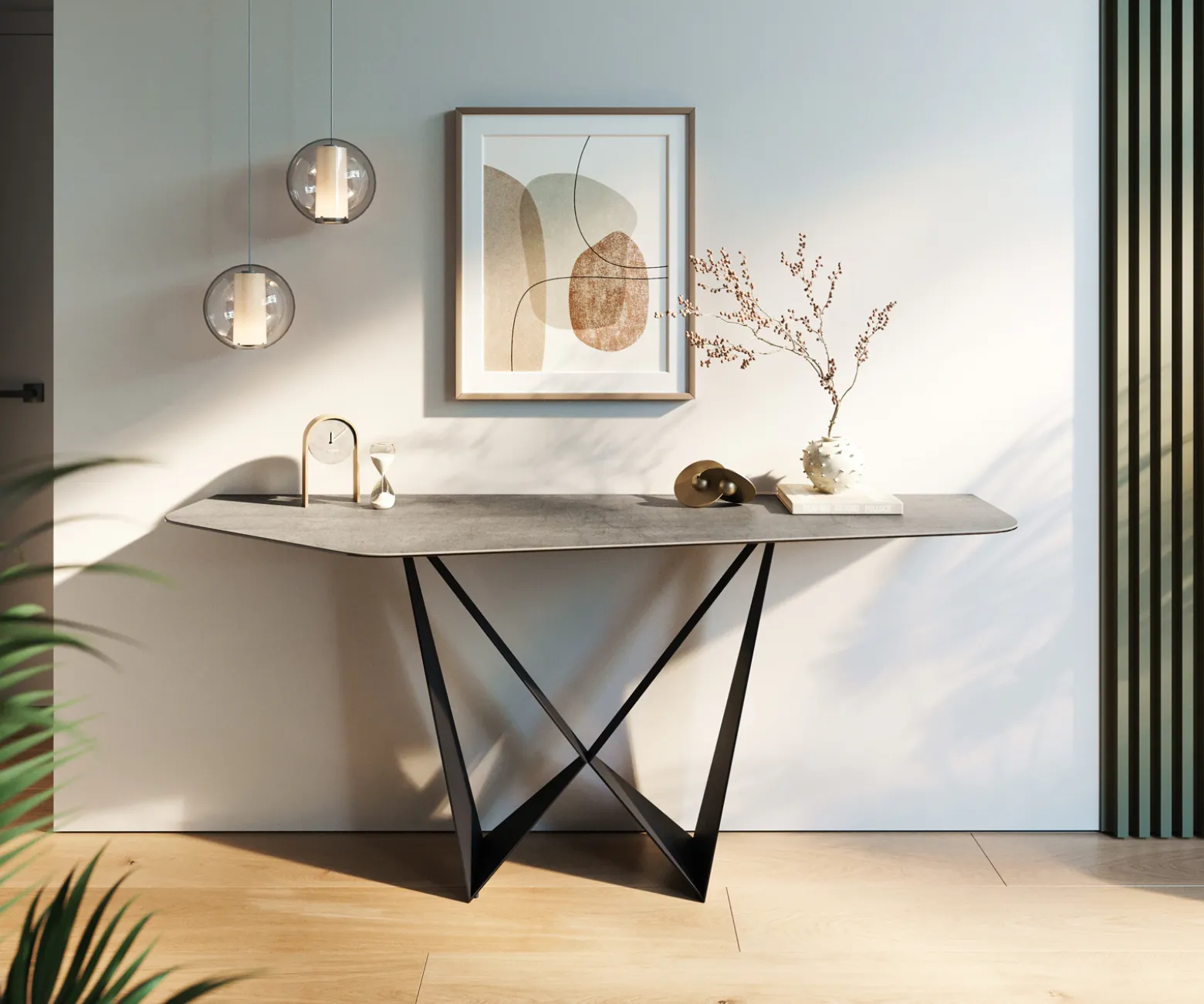 KonsolentischEdge Polygonal 180x50 cm Keramik Beton Grau Spios Metall Schwarz Sofort versandfertig