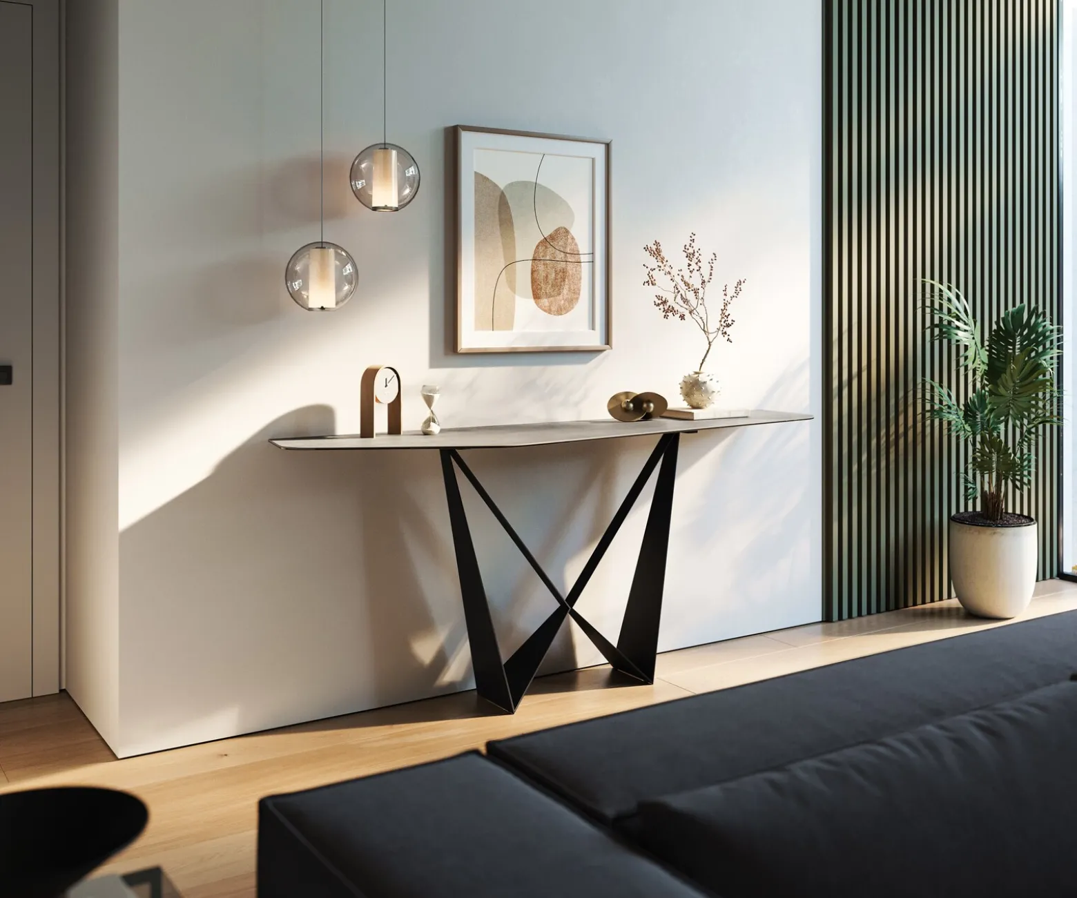 KonsolentischEdge Polygonal 180x50 cm Keramik Beton Grau Spios Metall Schwarz Sofort versandfertig
