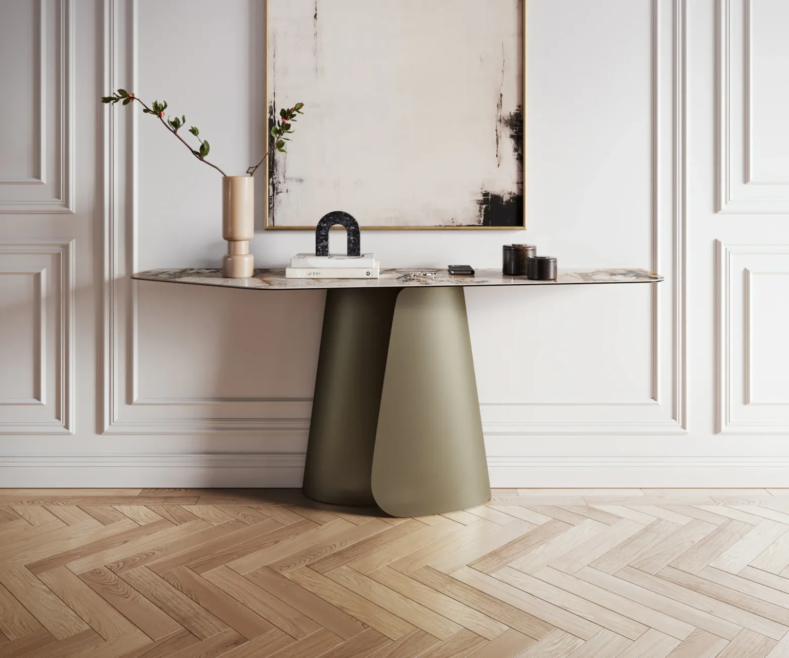 KonsolentischEdge Polygonal 180x50 cm Keramik Patagonia Poliert Livos Metall Effektfinish Titan Sofort versandfertig