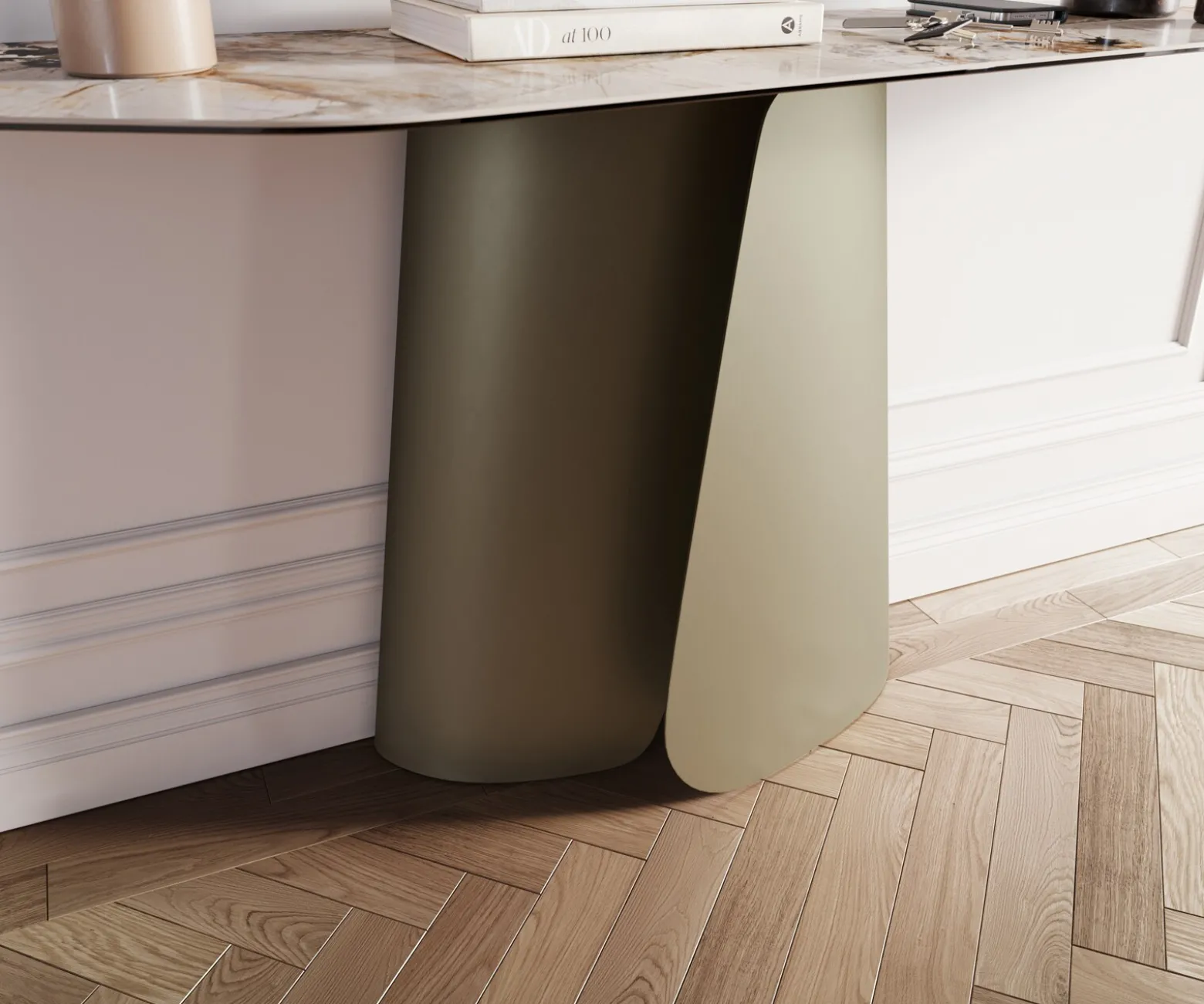 KonsolentischEdge Polygonal 180x50 cm Keramik Patagonia Poliert Livos Metall Effektfinish Titan Sofort versandfertig