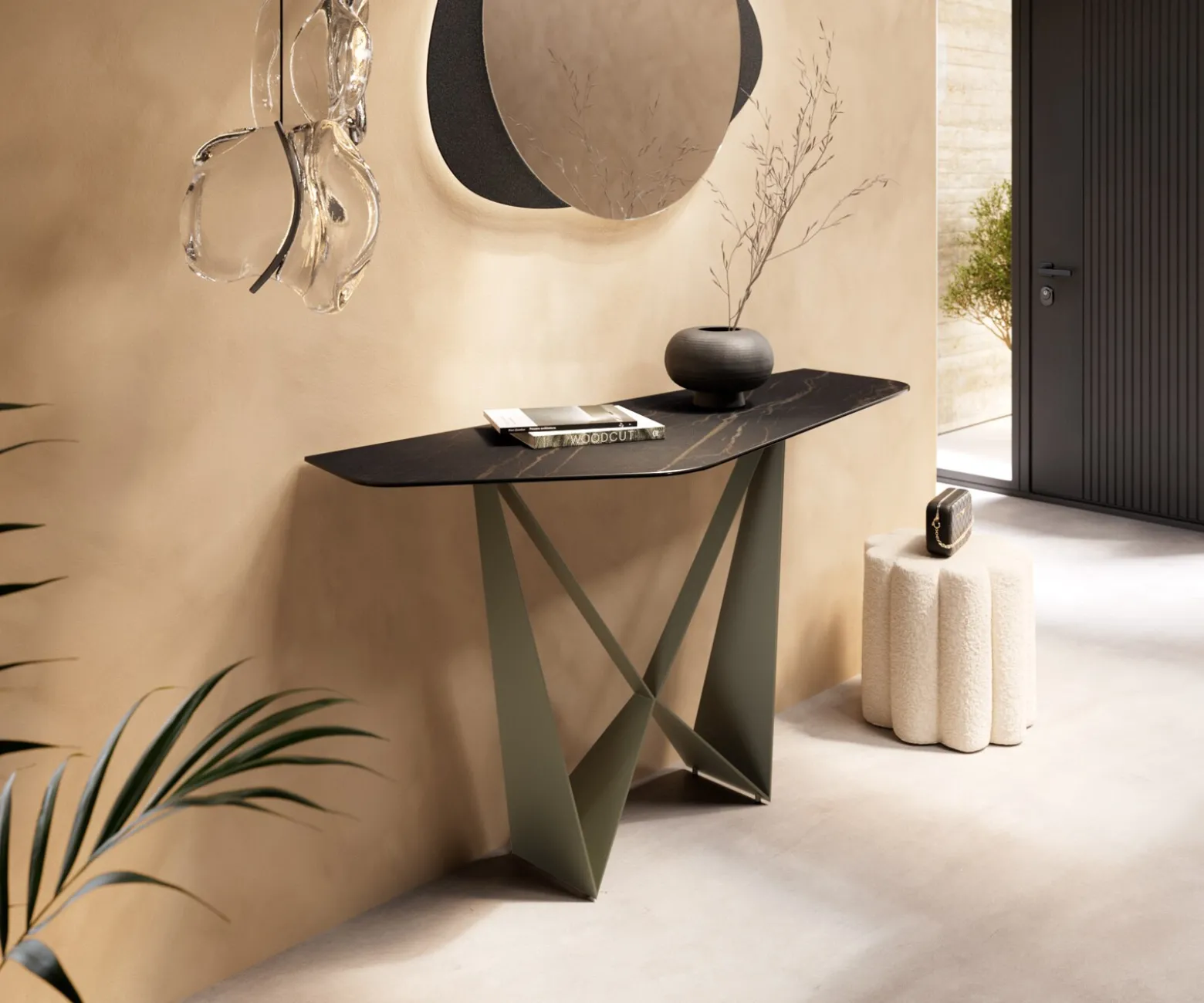 KonsolentischEdge Polygonal 140x50 cm Keramik Laminam® Noir Desir Braun Spios Metall Effektfinish Titan Sofort versandfertig