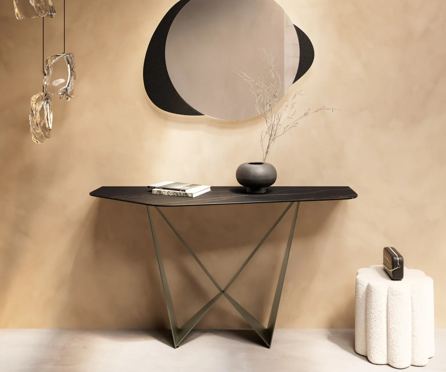 KonsolentischEdge Polygonal 140x50 cm Keramik Laminam® Noir Desir Braun Spios Metall Effektfinish Titan Sofort versandfertig