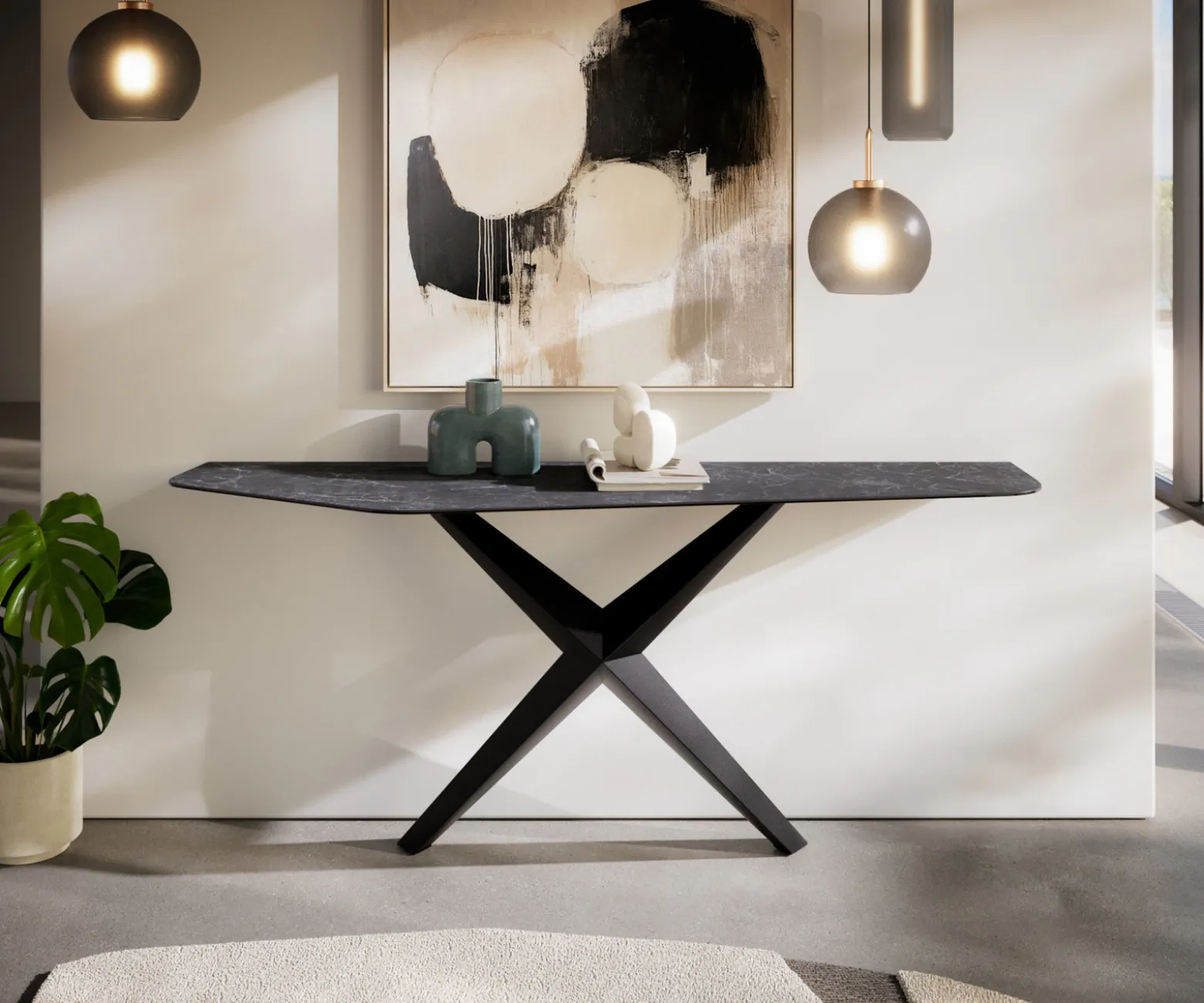 KonsolentischEdge Polygonal 180x50 cm Keramik Laminam® Nero Greco Anthrazit Zentharo Metall Schwarz Sofort versandfertig