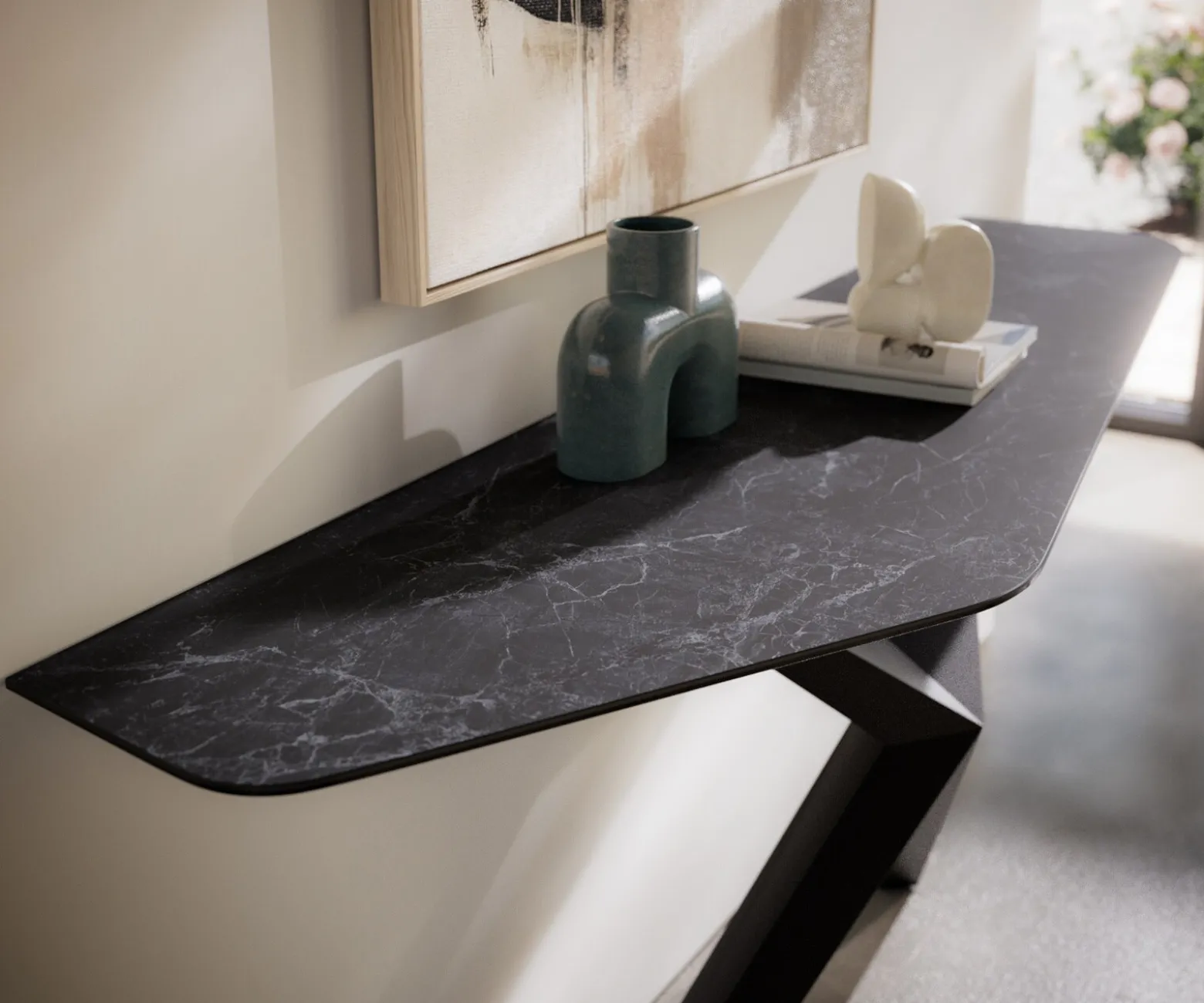 KonsolentischEdge Polygonal 180x50 cm Keramik Laminam® Nero Greco Anthrazit Zentharo Metall Schwarz Sofort versandfertig