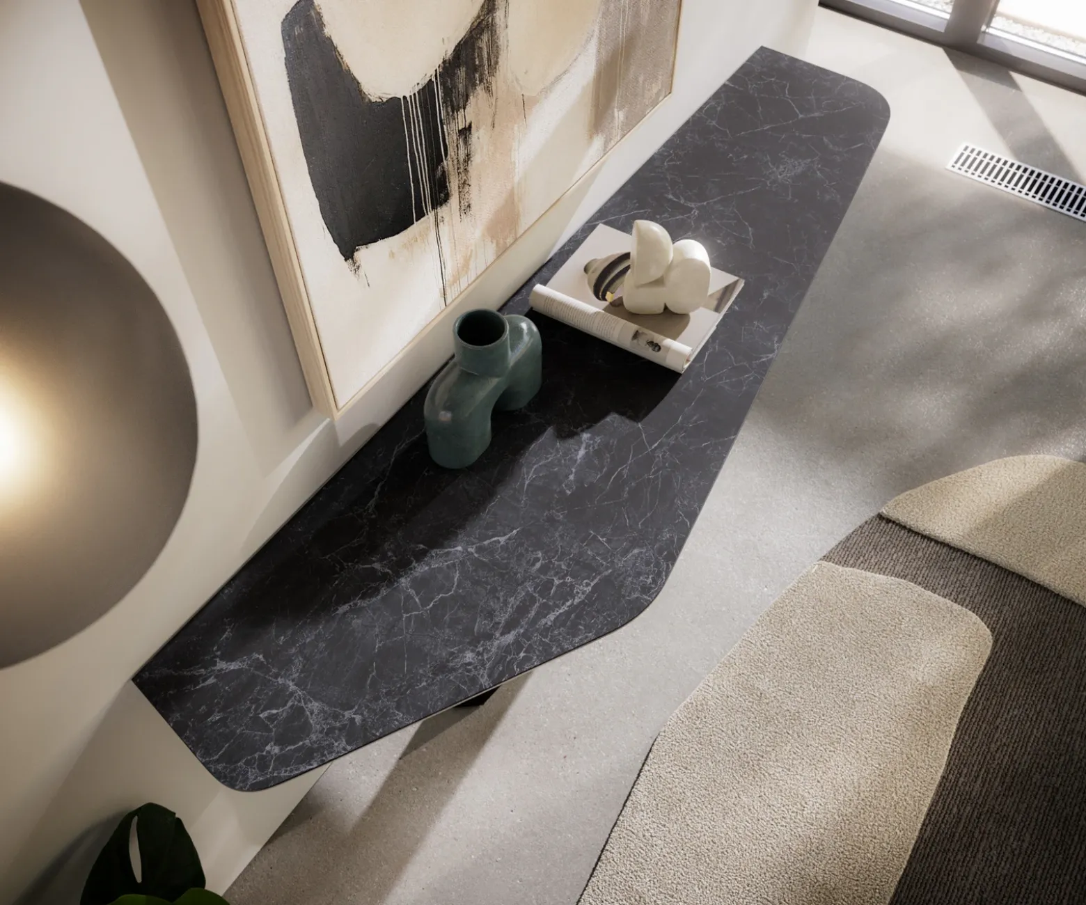 KonsolentischEdge Polygonal 180x50 cm Keramik Laminam® Nero Greco Anthrazit Zentharo Metall Schwarz Sofort versandfertig