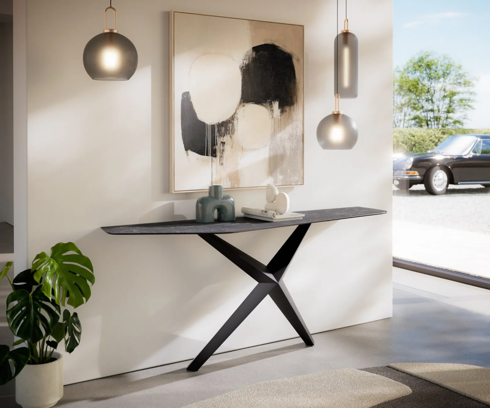 KonsolentischEdge Polygonal 180x50 cm Keramik Laminam® Nero Greco Anthrazit Zentharo Metall Schwarz Sofort versandfertig
