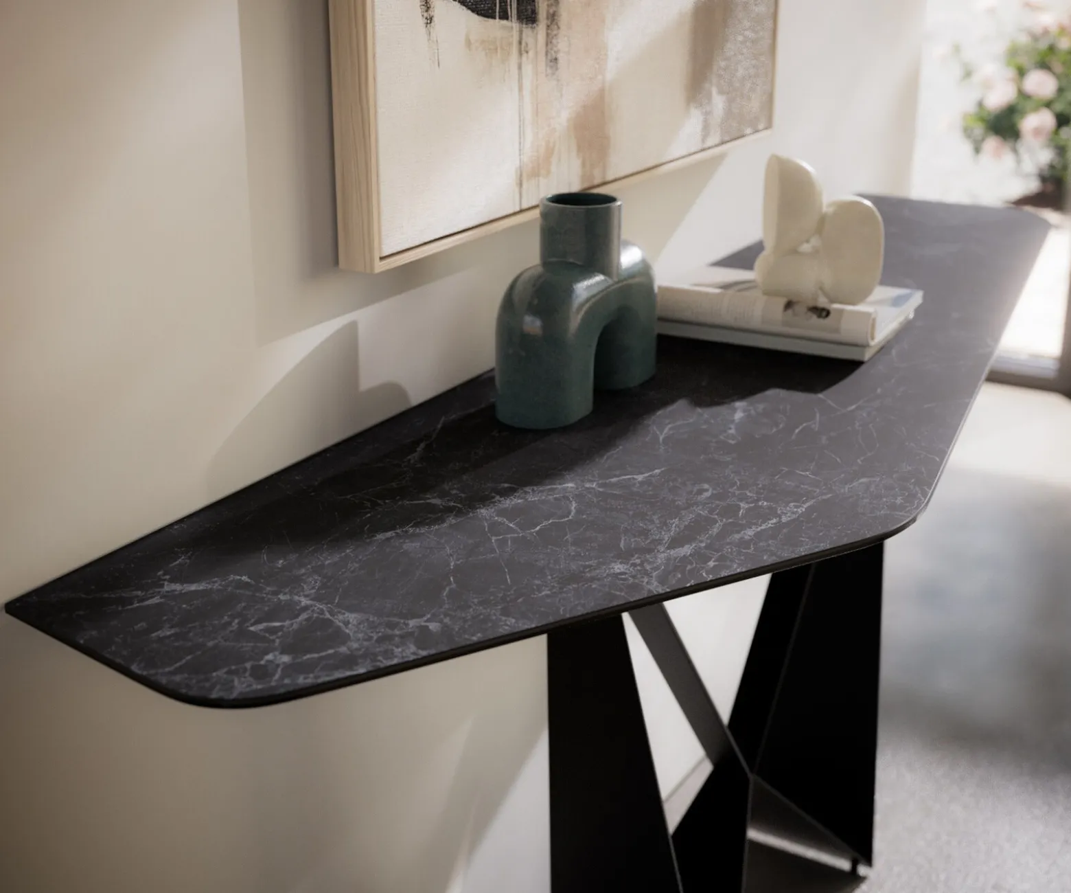 KonsolentischEdge Polygonal 180x50 cm Keramik Laminam® Nero Greco Anthrazit Spios Metall Schwarz Sofort versandfertig