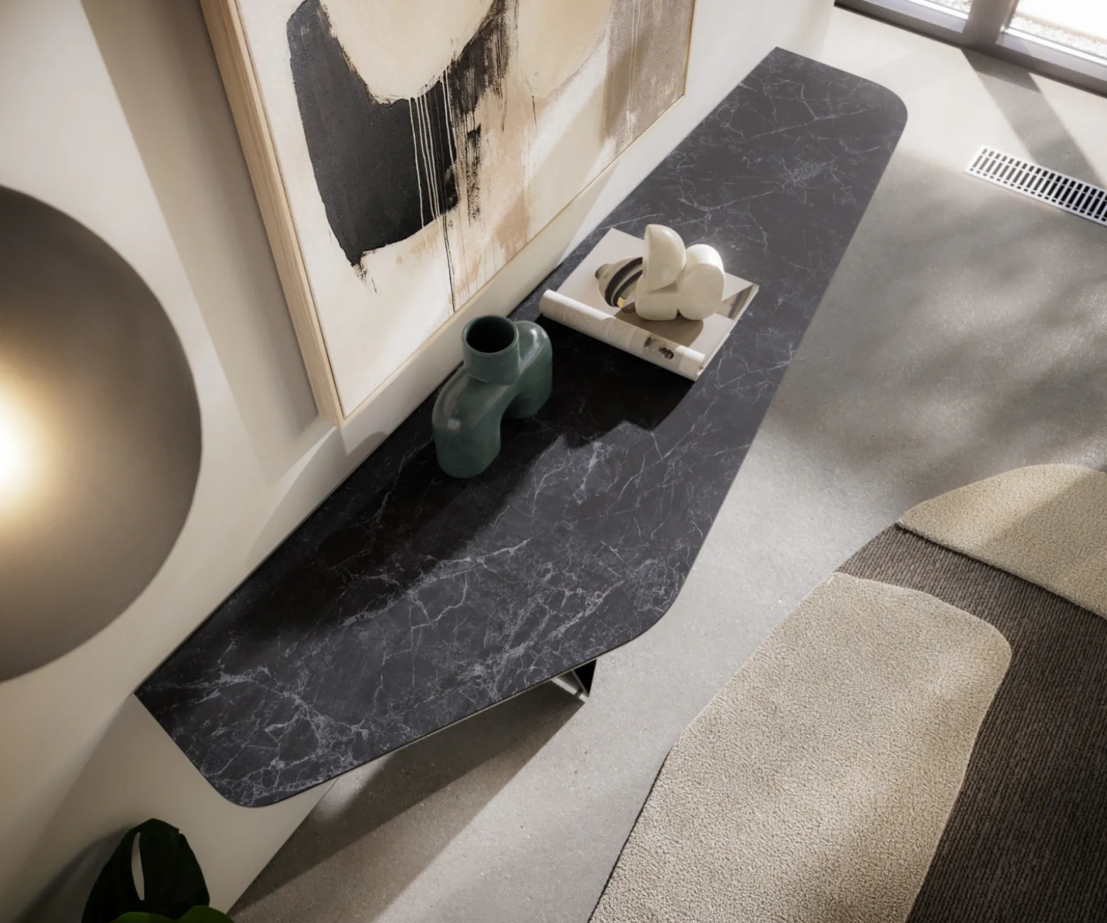 KonsolentischEdge Polygonal 180x50 cm Keramik Laminam® Nero Greco Anthrazit Spios Metall Schwarz Sofort versandfertig
