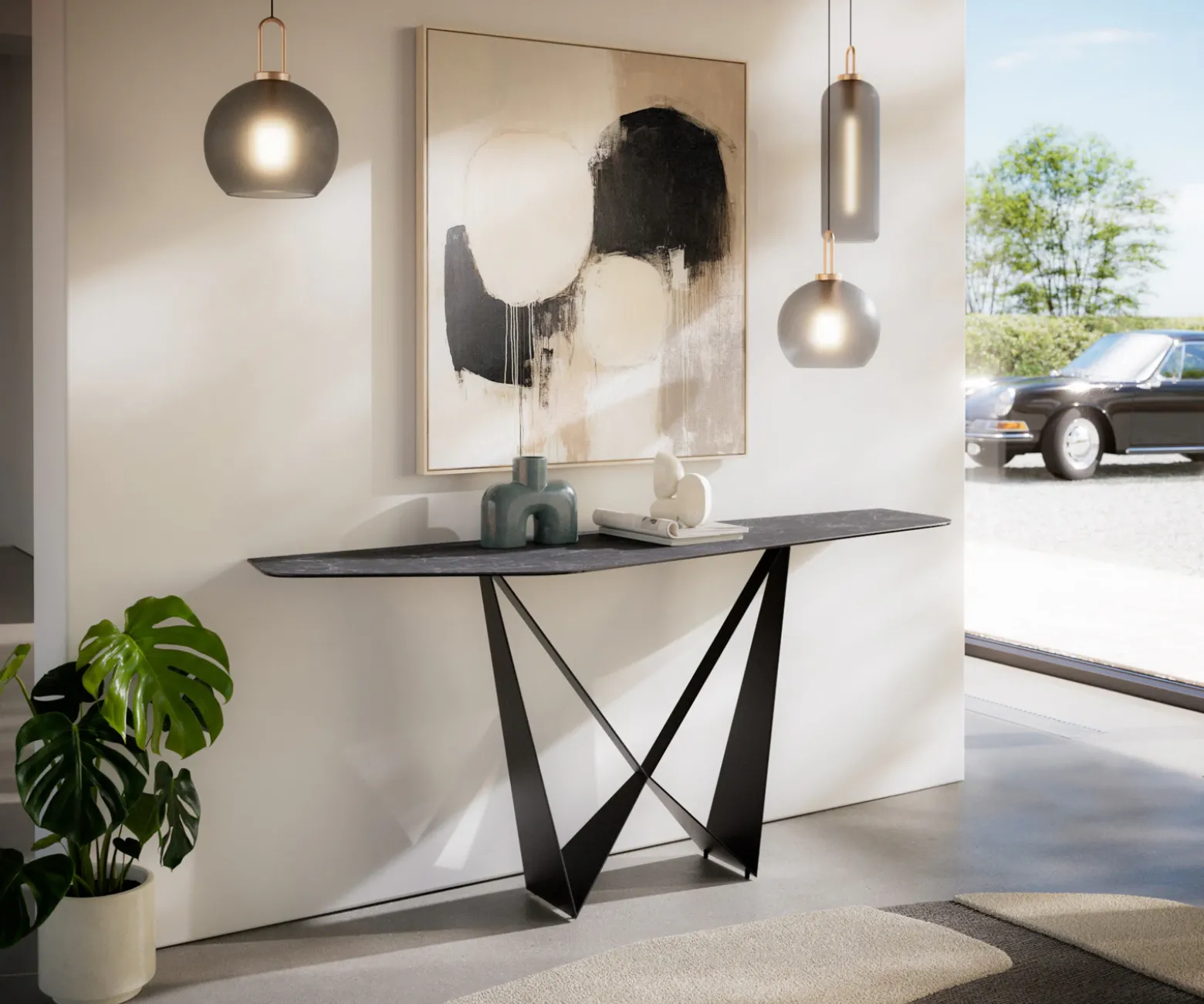 KonsolentischEdge Polygonal 180x50 cm Keramik Laminam® Nero Greco Anthrazit Spios Metall Schwarz Sofort versandfertig