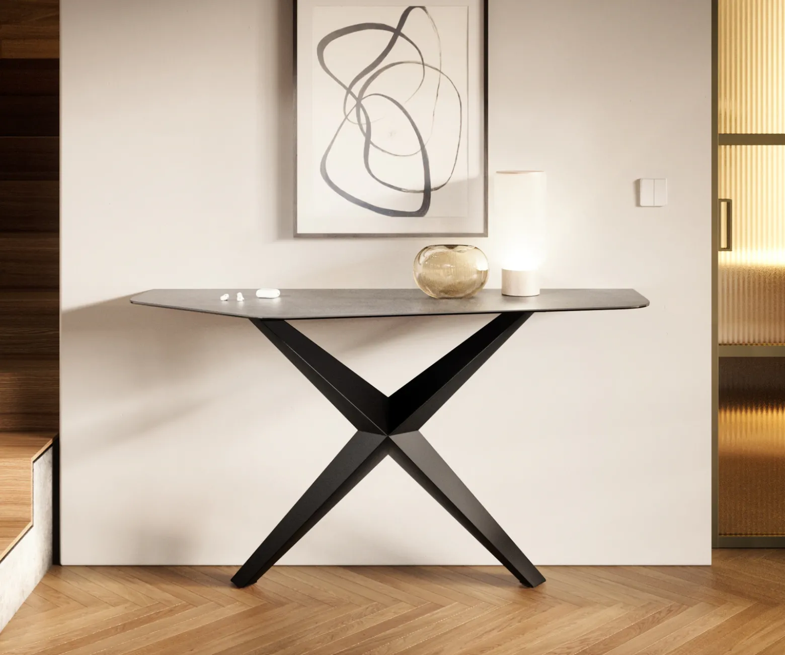 KonsolentischEdge Polygonal 140x50 cm Keramik Beton Grau Zentharo Metall Schwarz Sofort versandfertig