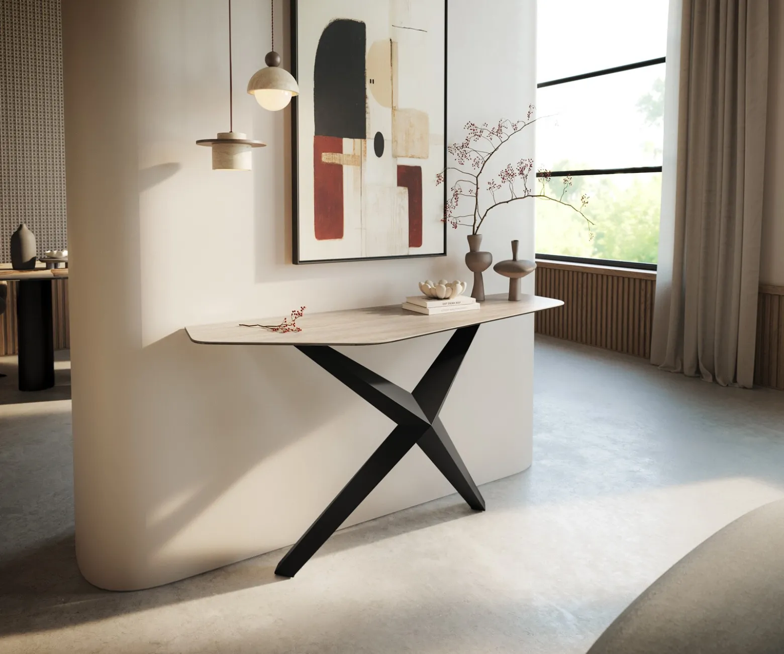 KonsolentischEdge Polygonal 140x50 cm Keramik Laminam® Travertino Bianco Creme-Weiß Zentharo Metall Schwarz Sofort versandfertig