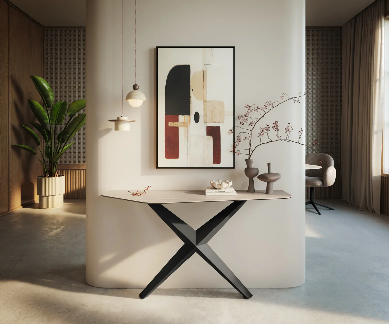 KonsolentischEdge Polygonal 140x50 cm Keramik Laminam® Travertino Bianco Creme-Weiß Zentharo Metall Schwarz Sofort versandfertig