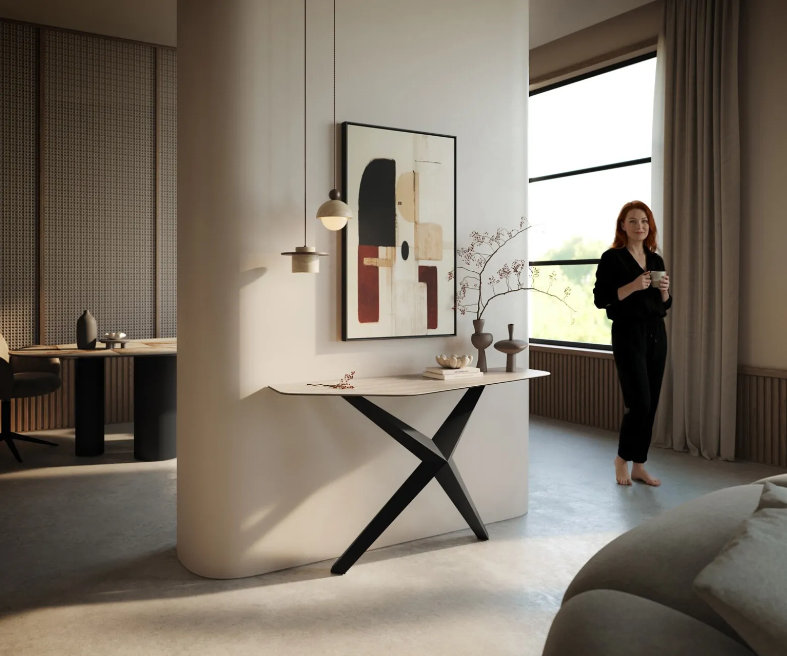 KonsolentischEdge Polygonal 140x50 cm Keramik Laminam® Travertino Bianco Creme-Weiß Zentharo Metall Schwarz Sofort versandfertig