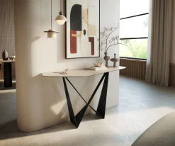 KonsolentischEdge Polygonal 140x50 cm Keramik Laminam® Travertino Bianco Creme-Weiß Spios Metall Schwarz Sofort versandfertig