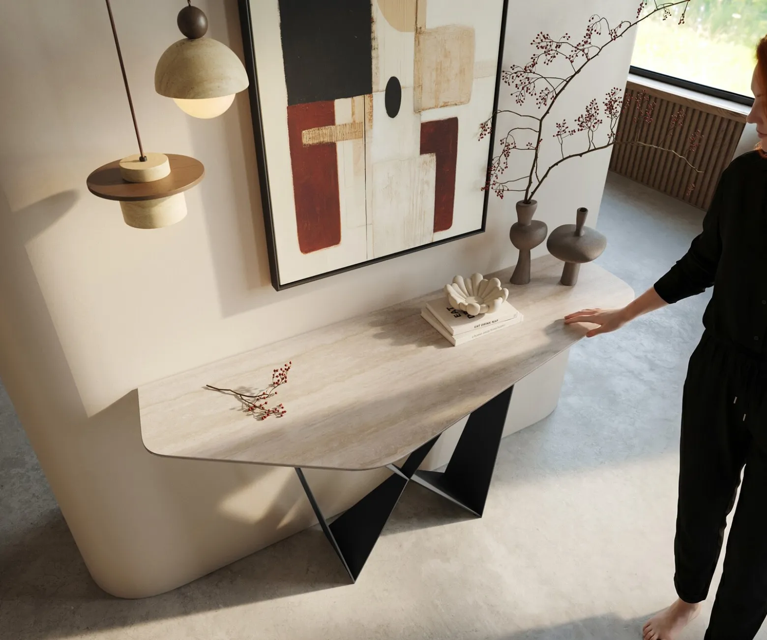 KonsolentischEdge Polygonal 140x50 cm Keramik Laminam® Travertino Bianco Creme-Weiß Spios Metall Schwarz Sofort versandfertig
