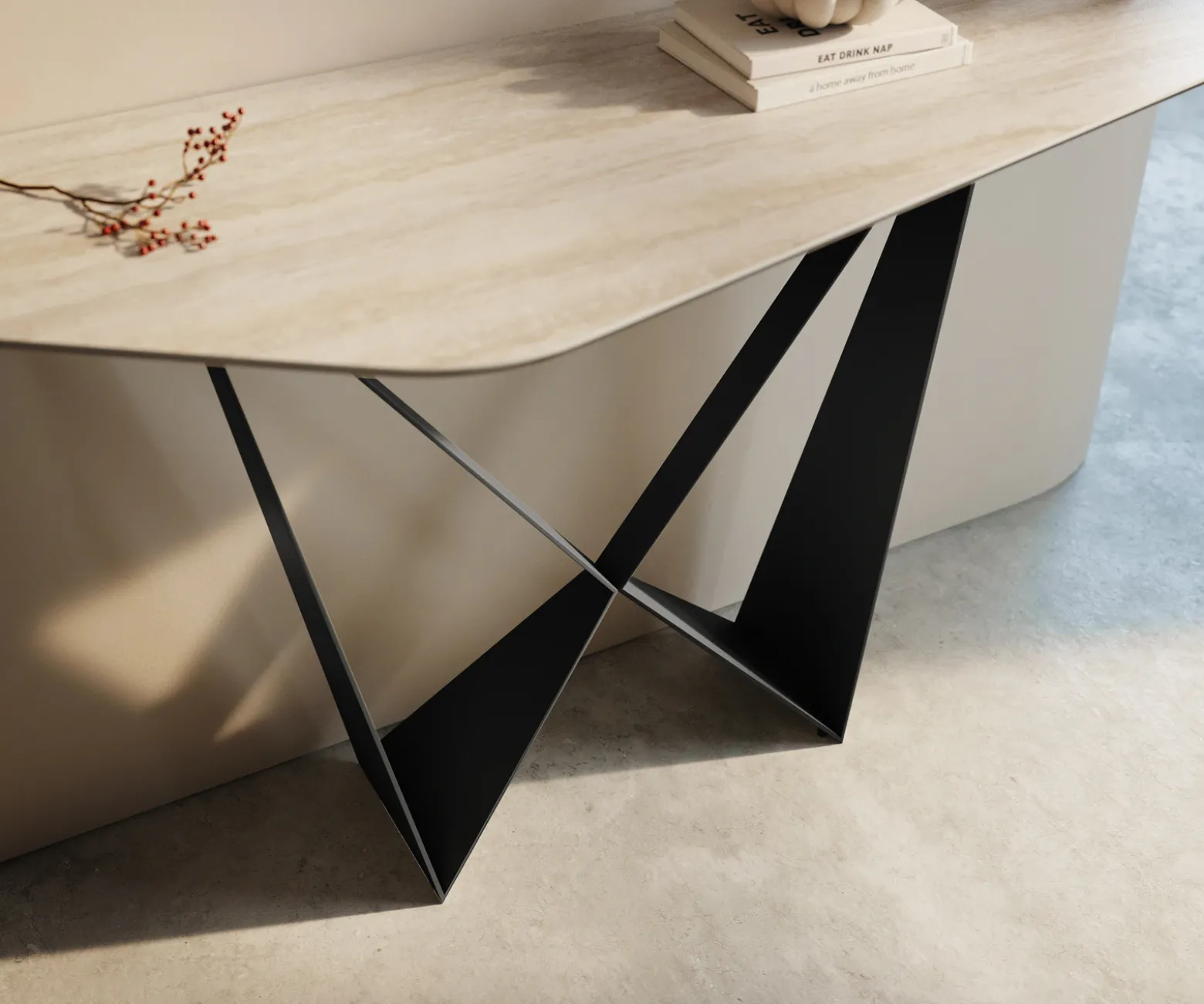 KonsolentischEdge Polygonal 140x50 cm Keramik Laminam® Travertino Bianco Creme-Weiß Spios Metall Schwarz Sofort versandfertig