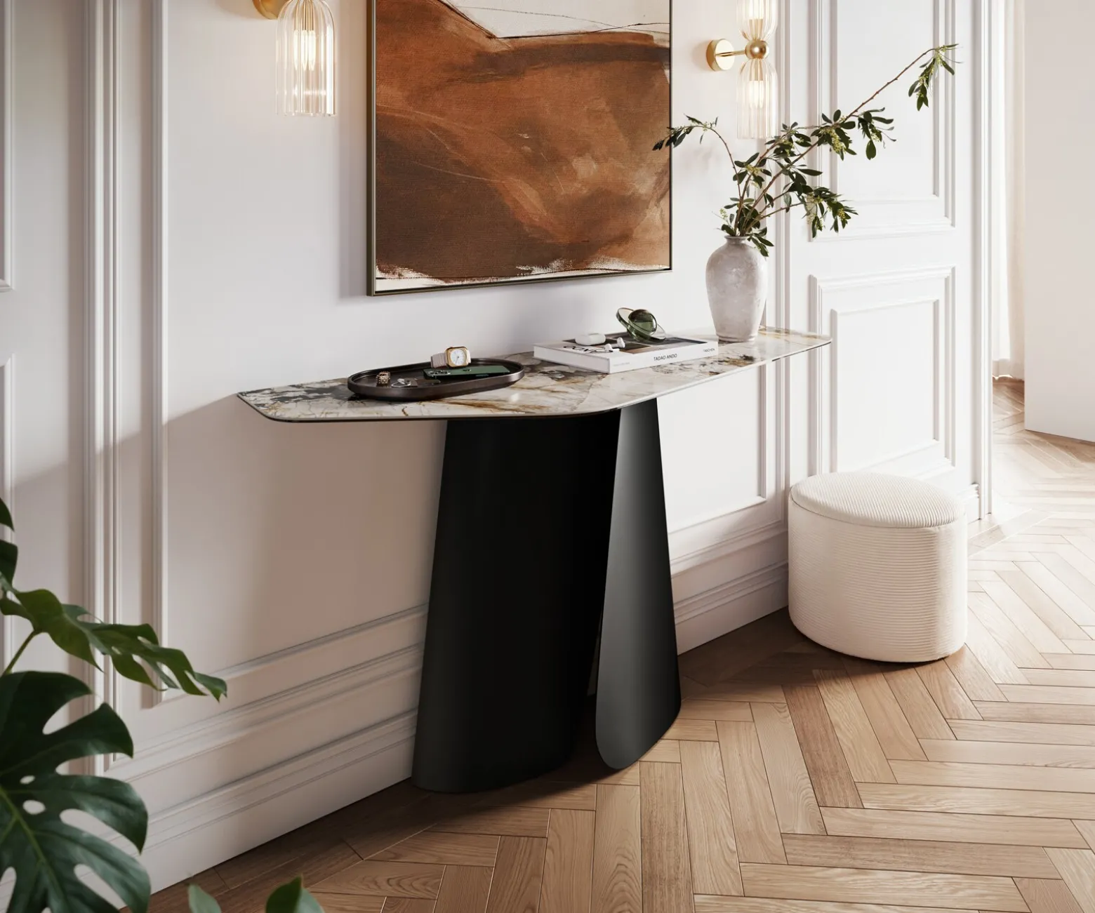 KonsolentischEdge Polygonal 140x50 cm Keramik Patagonia Poliert Livos Metall Schwarz Sofort versandfertig
