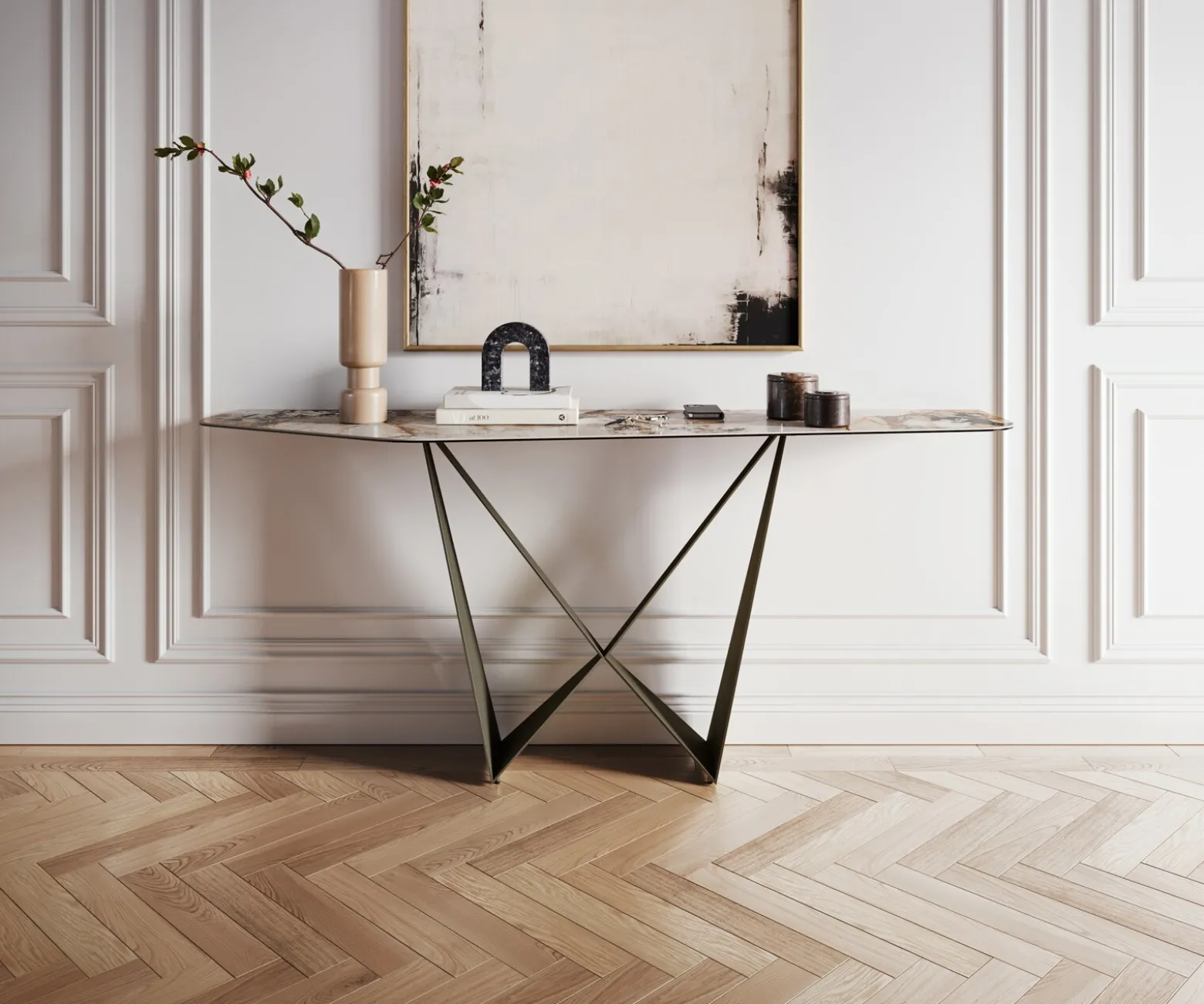 KonsolentischEdge Polygonal 180x50 cm Keramik Patagonia Poliert Spios Metall Effektfinish Titan Sofort versandfertig