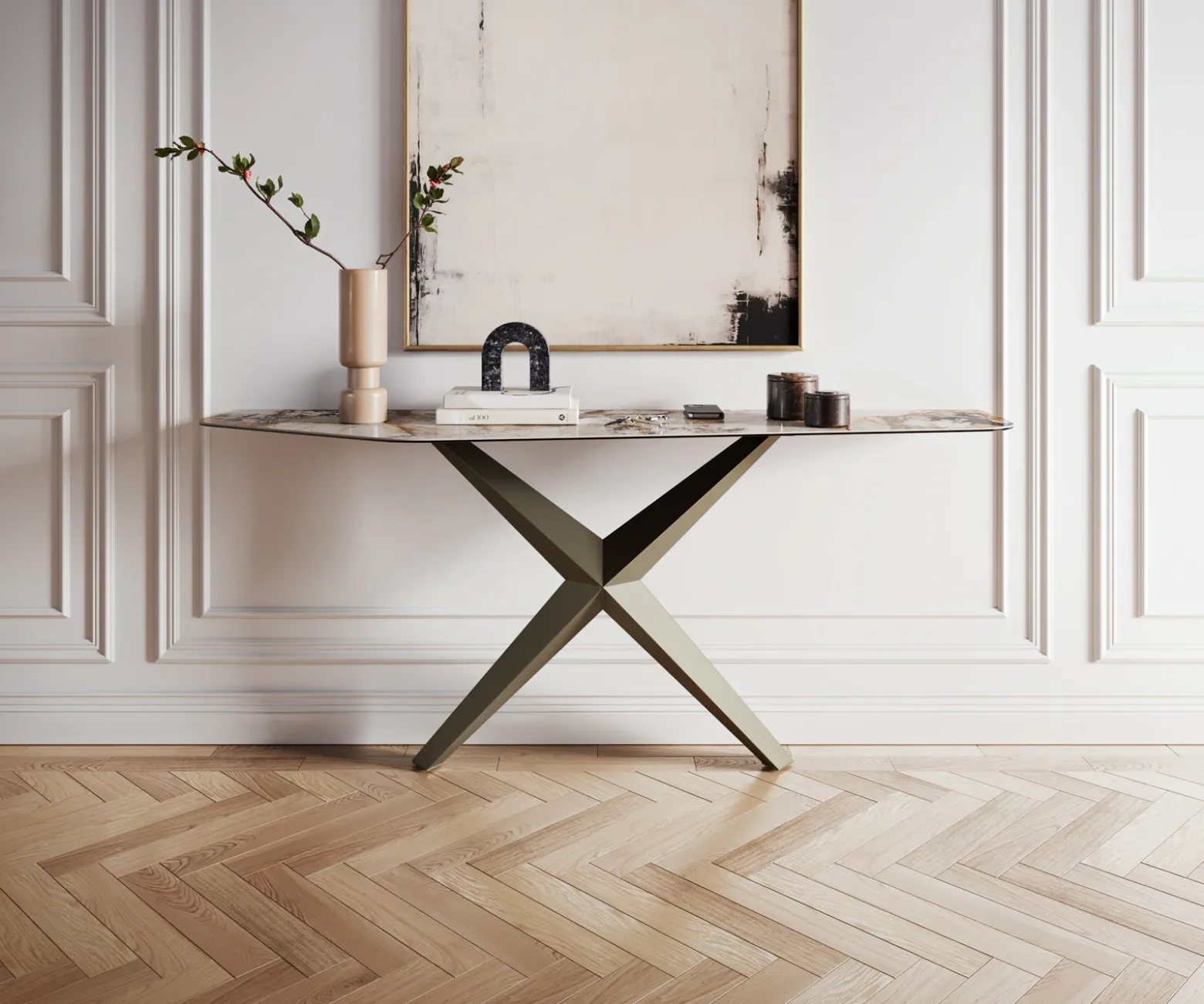 KonsolentischEdge Polygonal 180x50 cm Keramik Patagonia Poliert Zentharo Metall Effektfinish Titan Sofort versandfertig